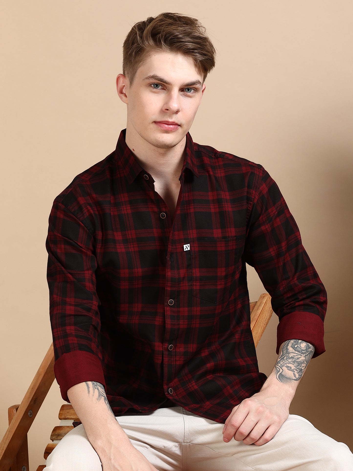 Cotton Blend Maroon Colour Check Shirt For Men