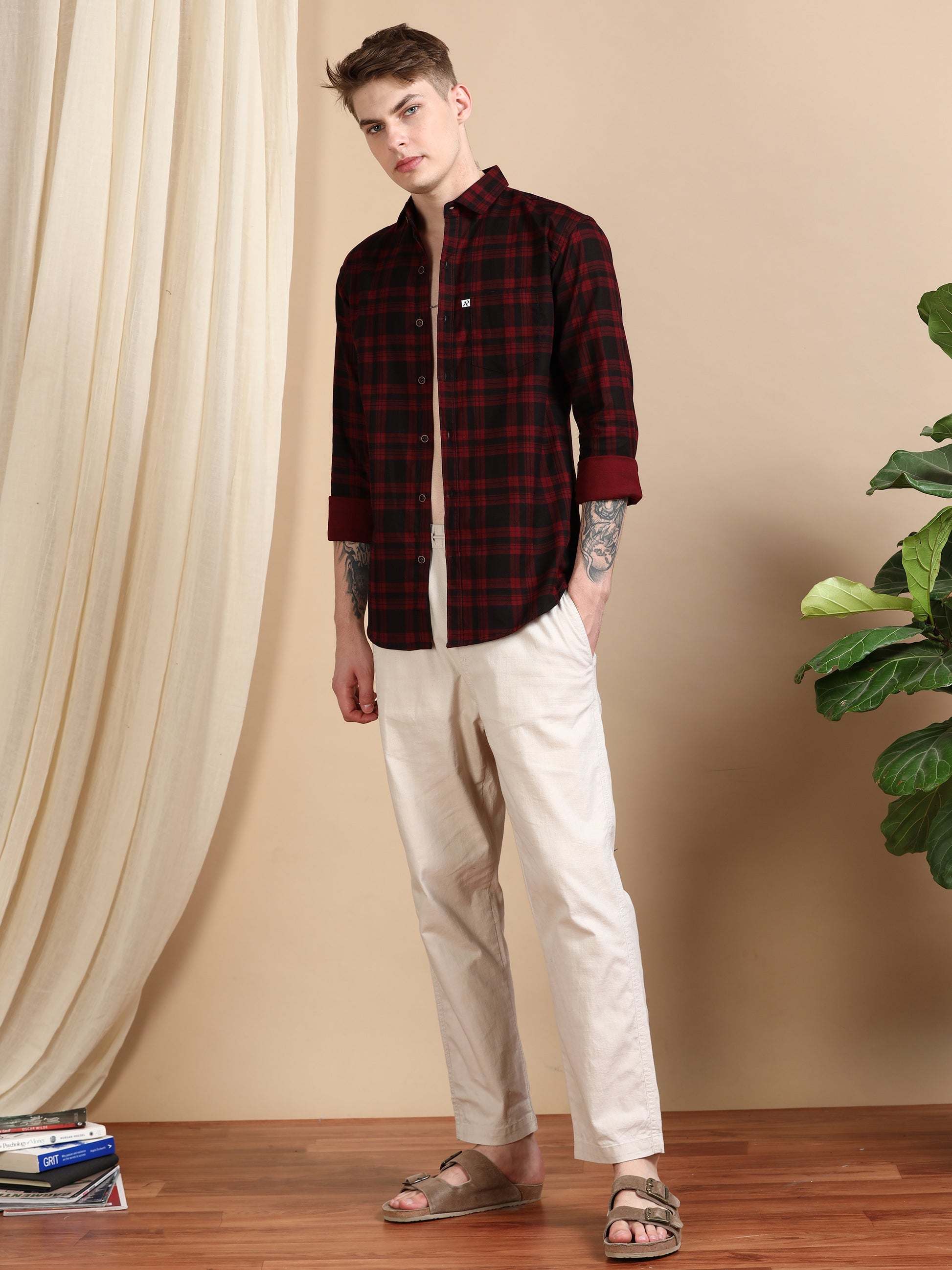 Cotton Blend Maroon Colour Check Shirt For Men