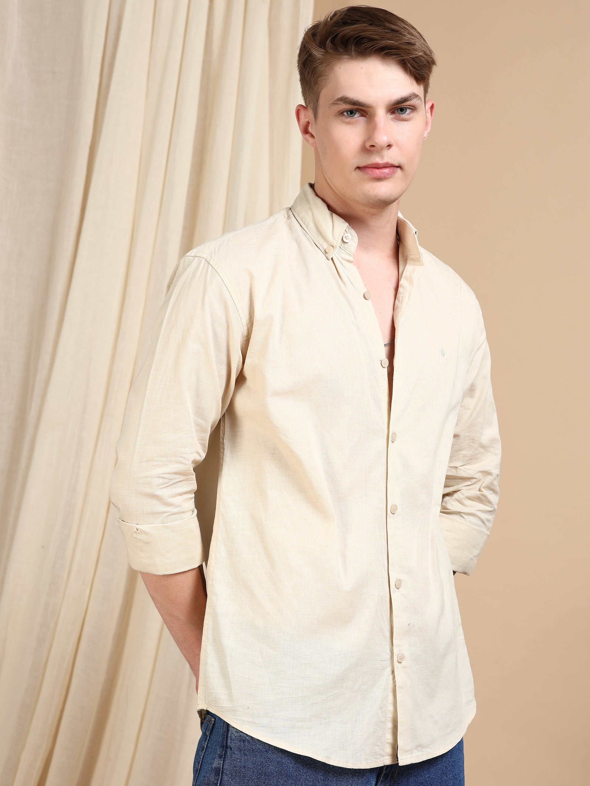 Solid Linen Cream Colour Shirt For Men