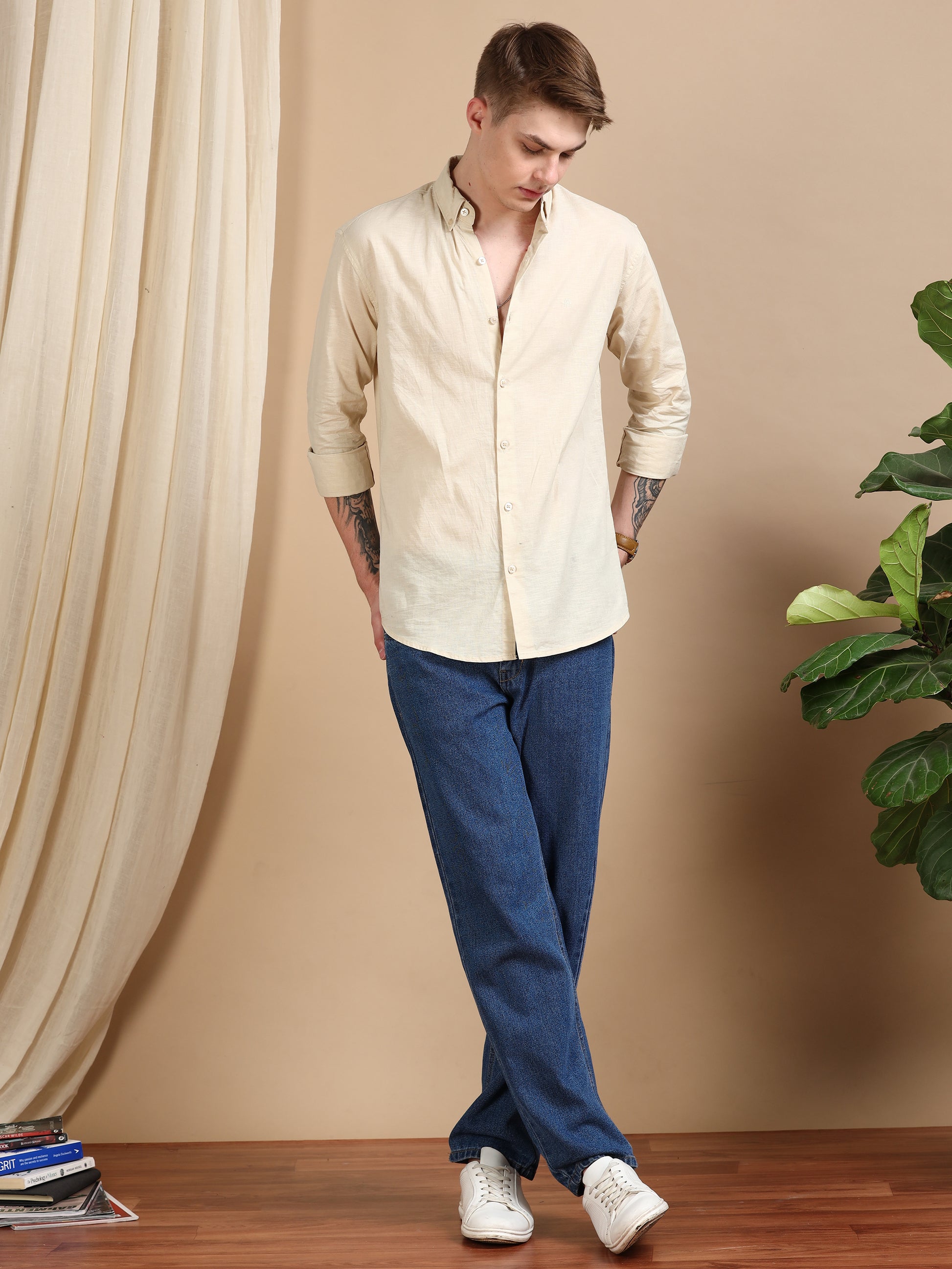 Solid Linen Cream Colour Shirt For Men