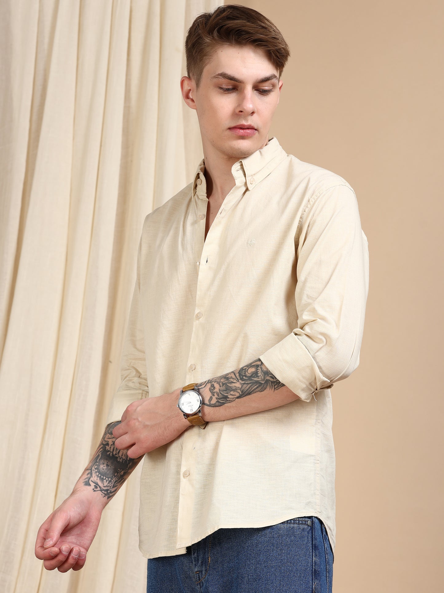 Solid Linen Cream Colour Shirt For Men