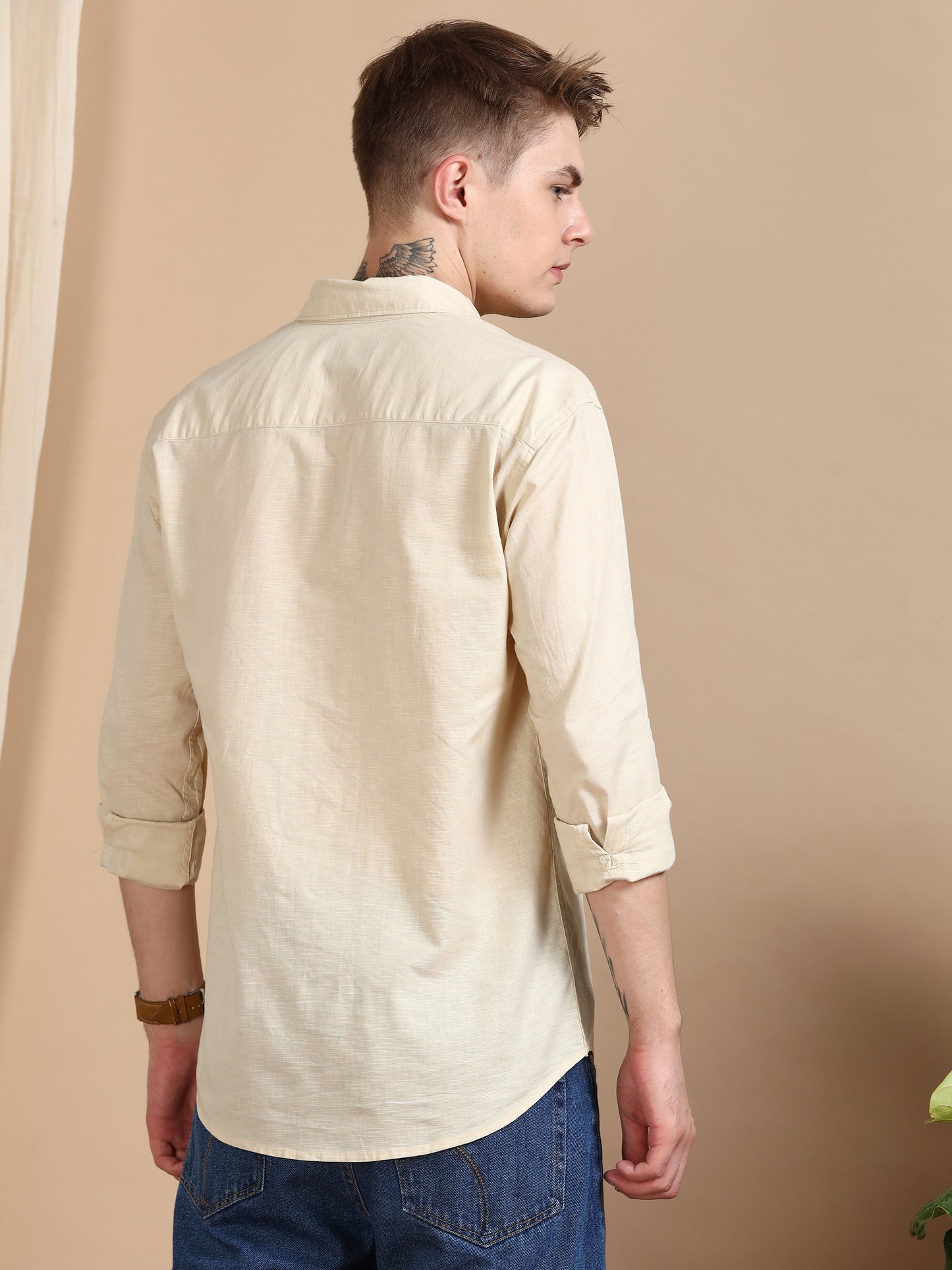Solid Linen Cream Colour Shirt For Men