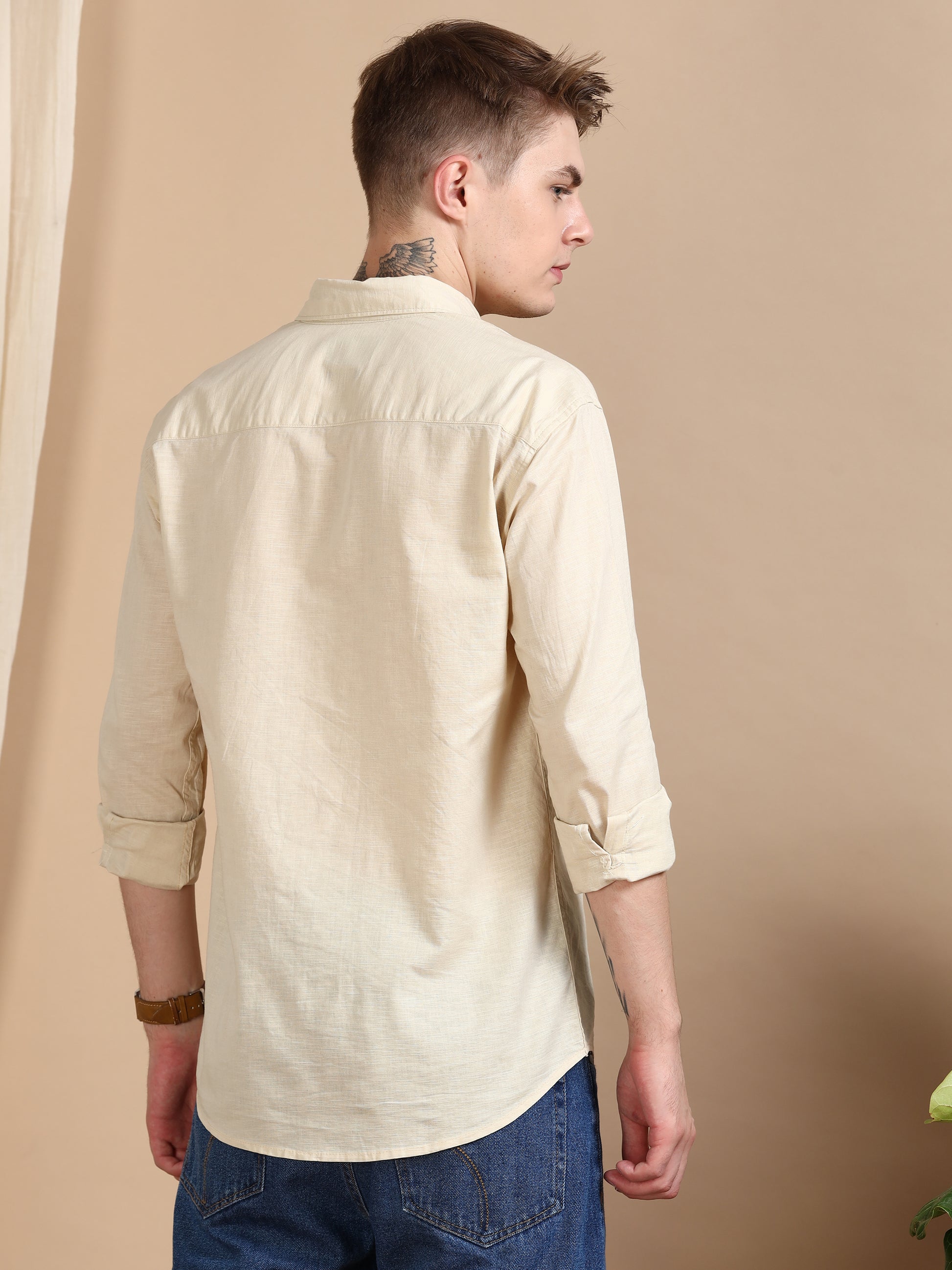 Solid Linen Cream Colour Shirt For Men