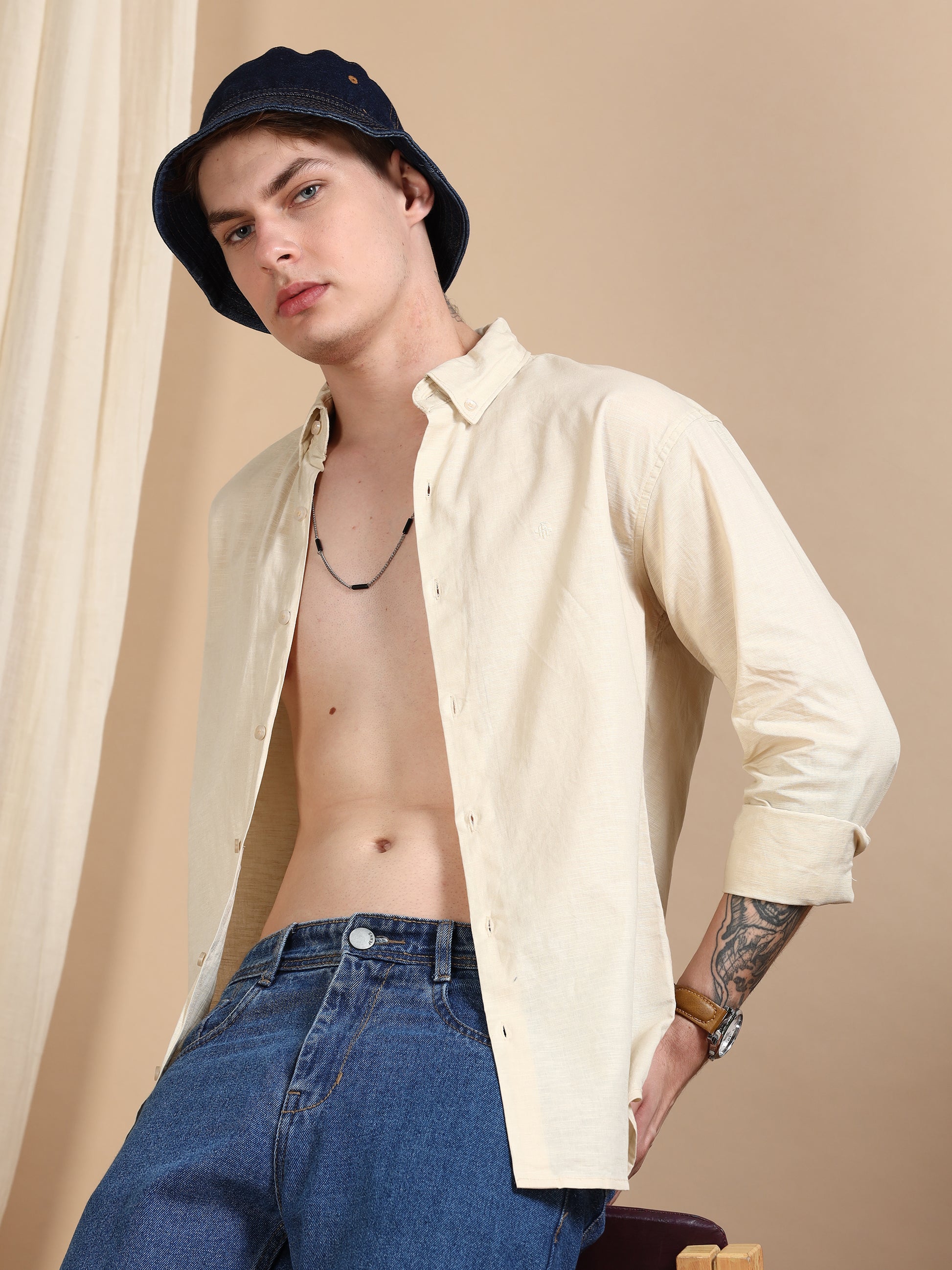 Solid Linen Cream Colour Shirt For Men