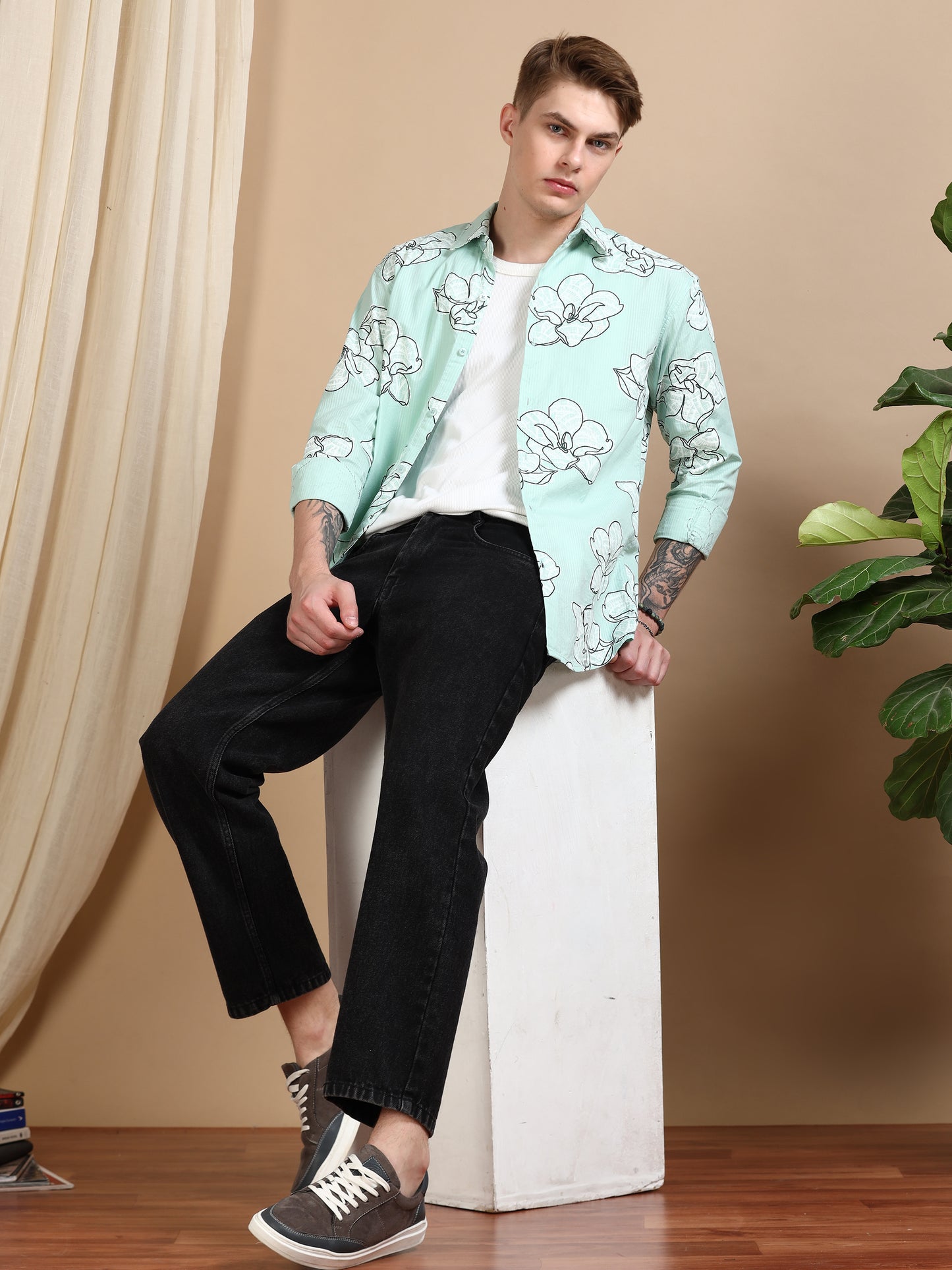 Green Printed Self Design Shirt For Men