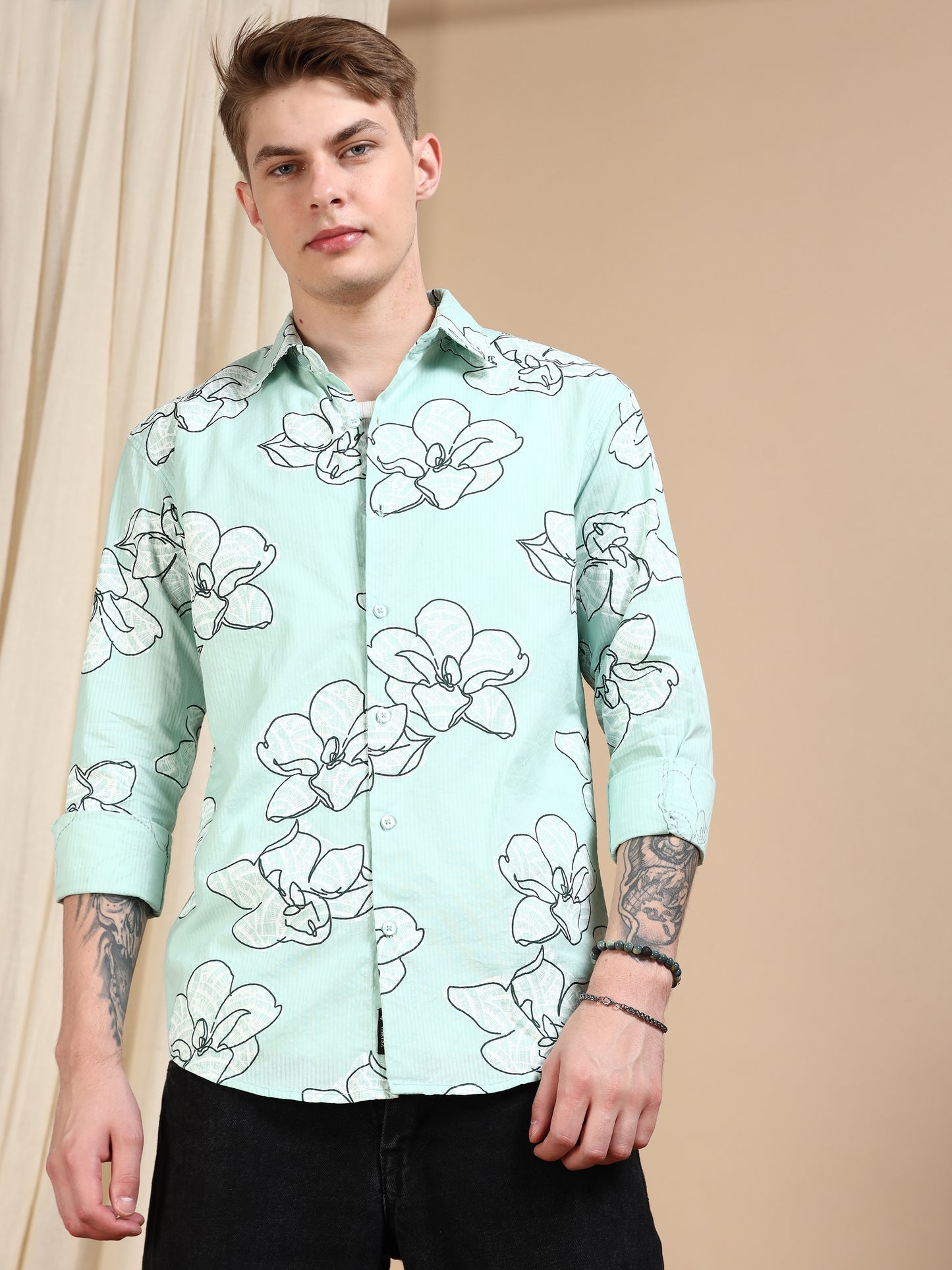 Green Printed Self Design Shirt For Men
