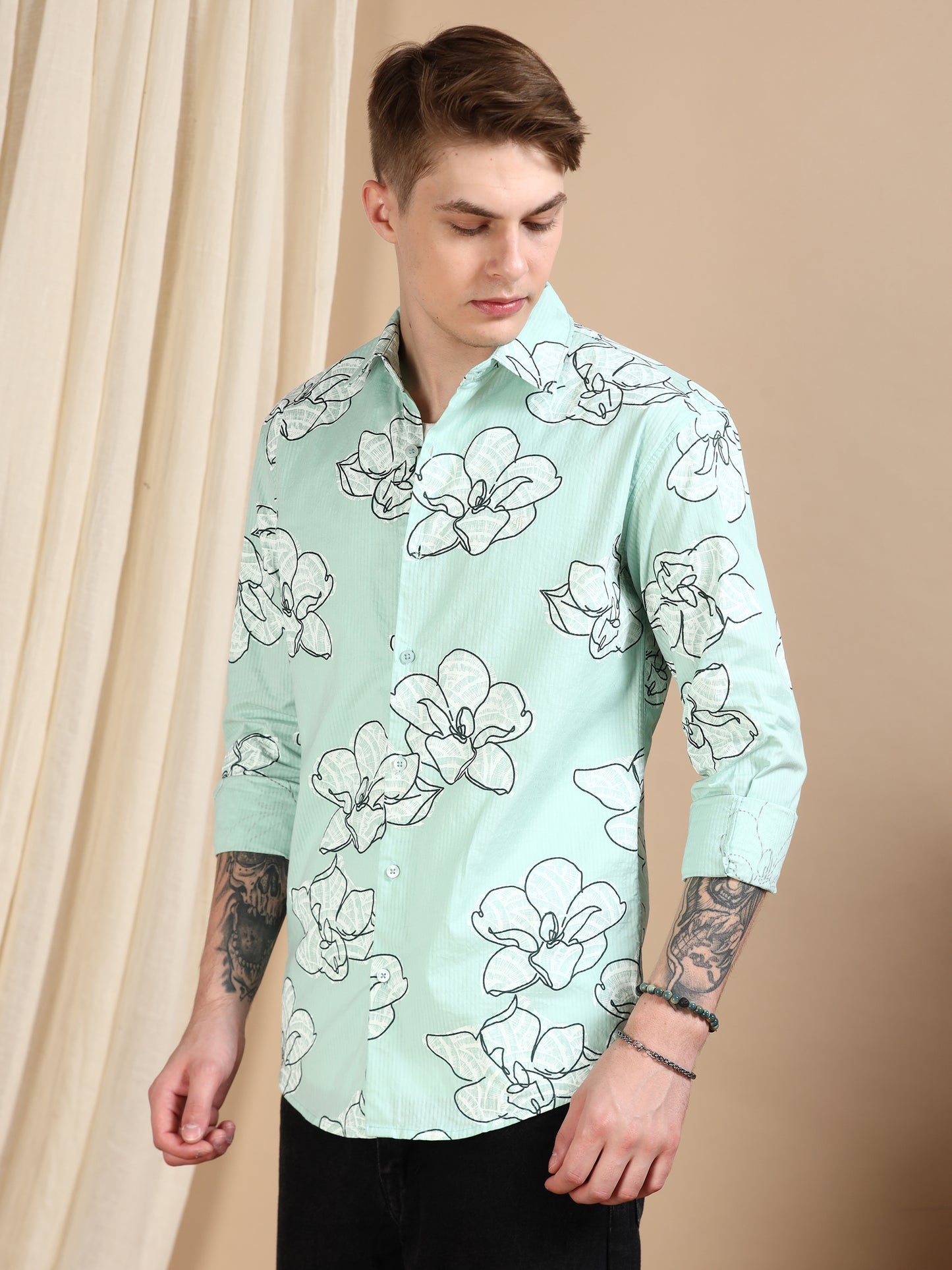 Green Printed Self Design Shirt For Men