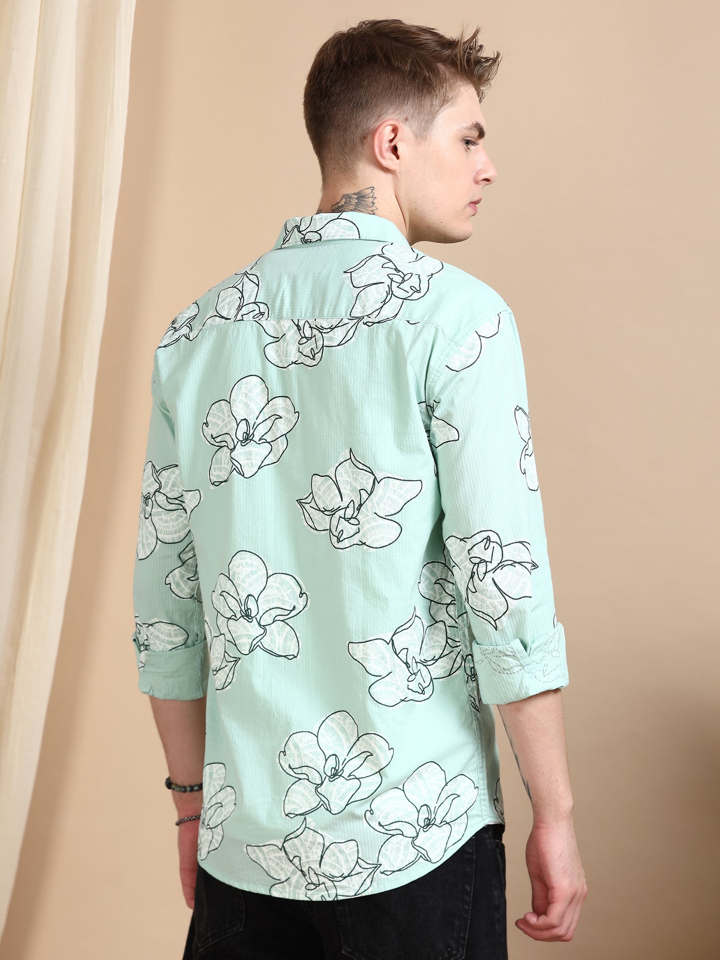 Green Printed Self Design Shirt For Men