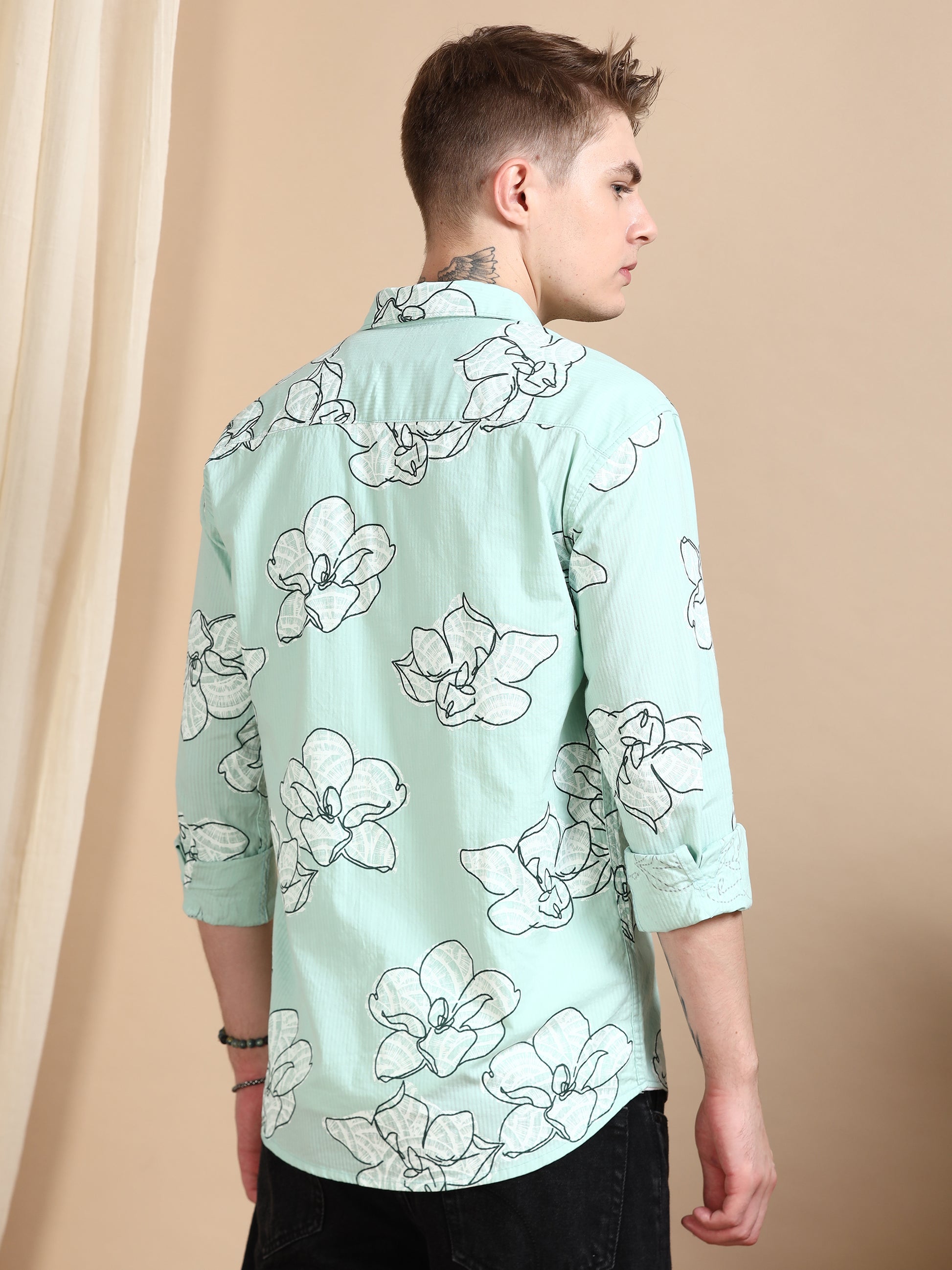Green Printed Self Design Shirt For Men
