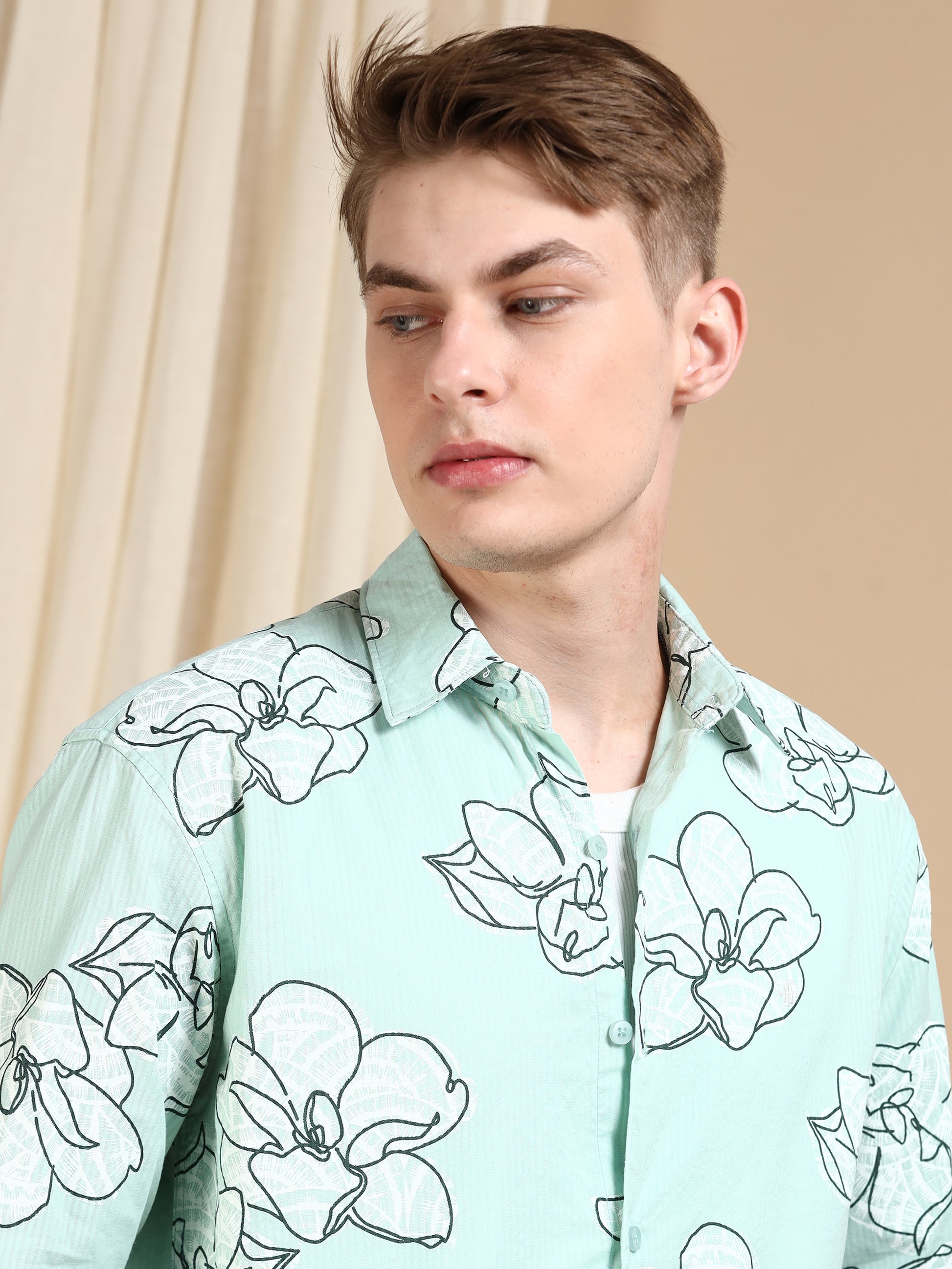 Green Printed Self Design Shirt For Men