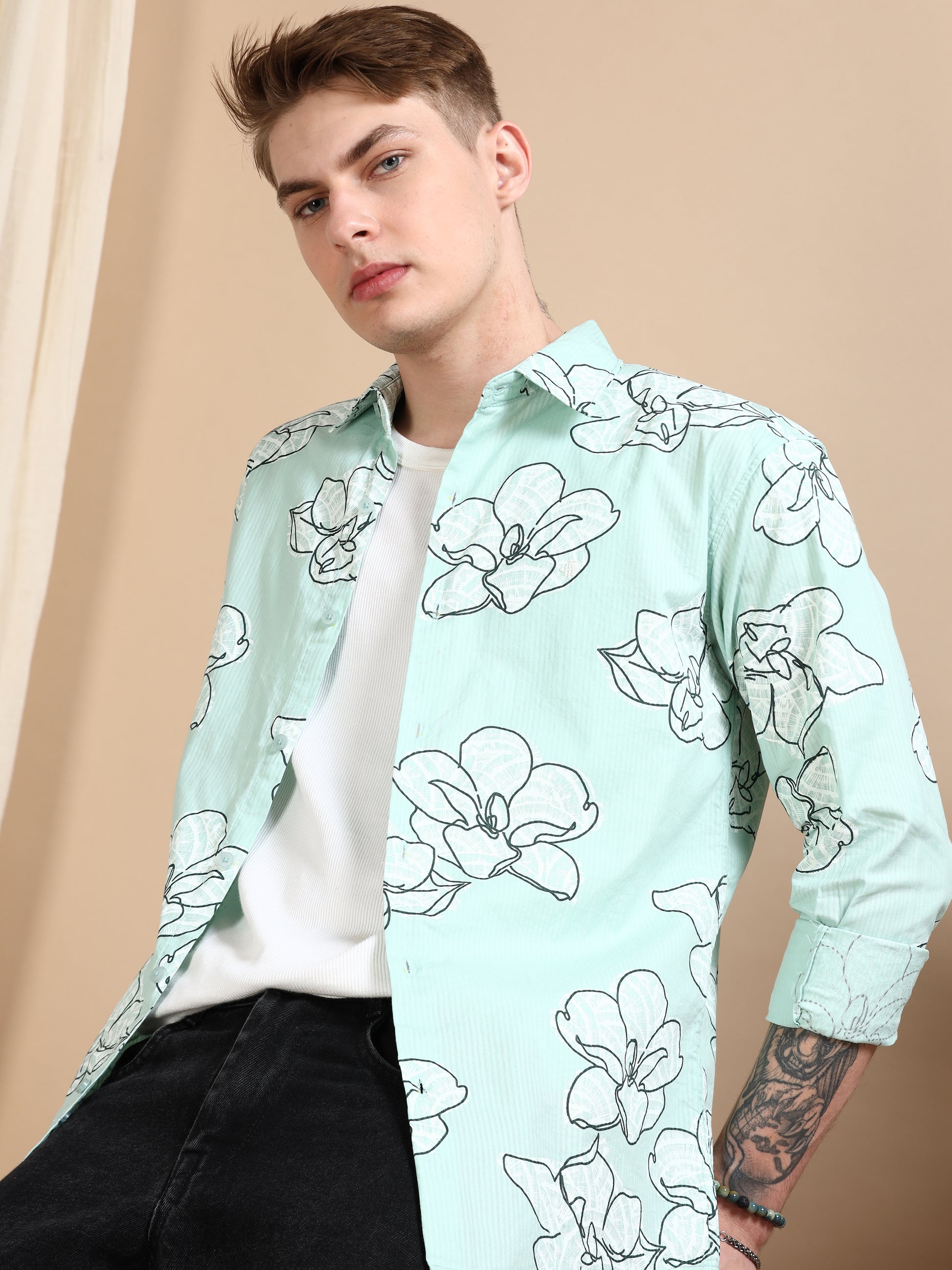 Green Printed Self Design Shirt For Men