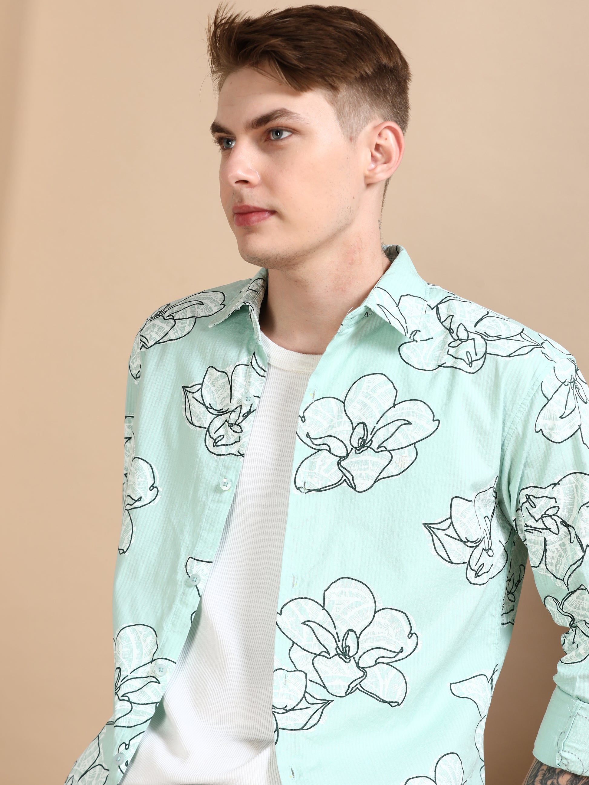 Green Printed Self Design Shirt For Men