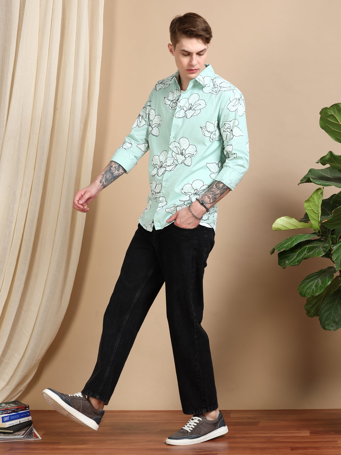 Green Printed Self Design Shirt For Men