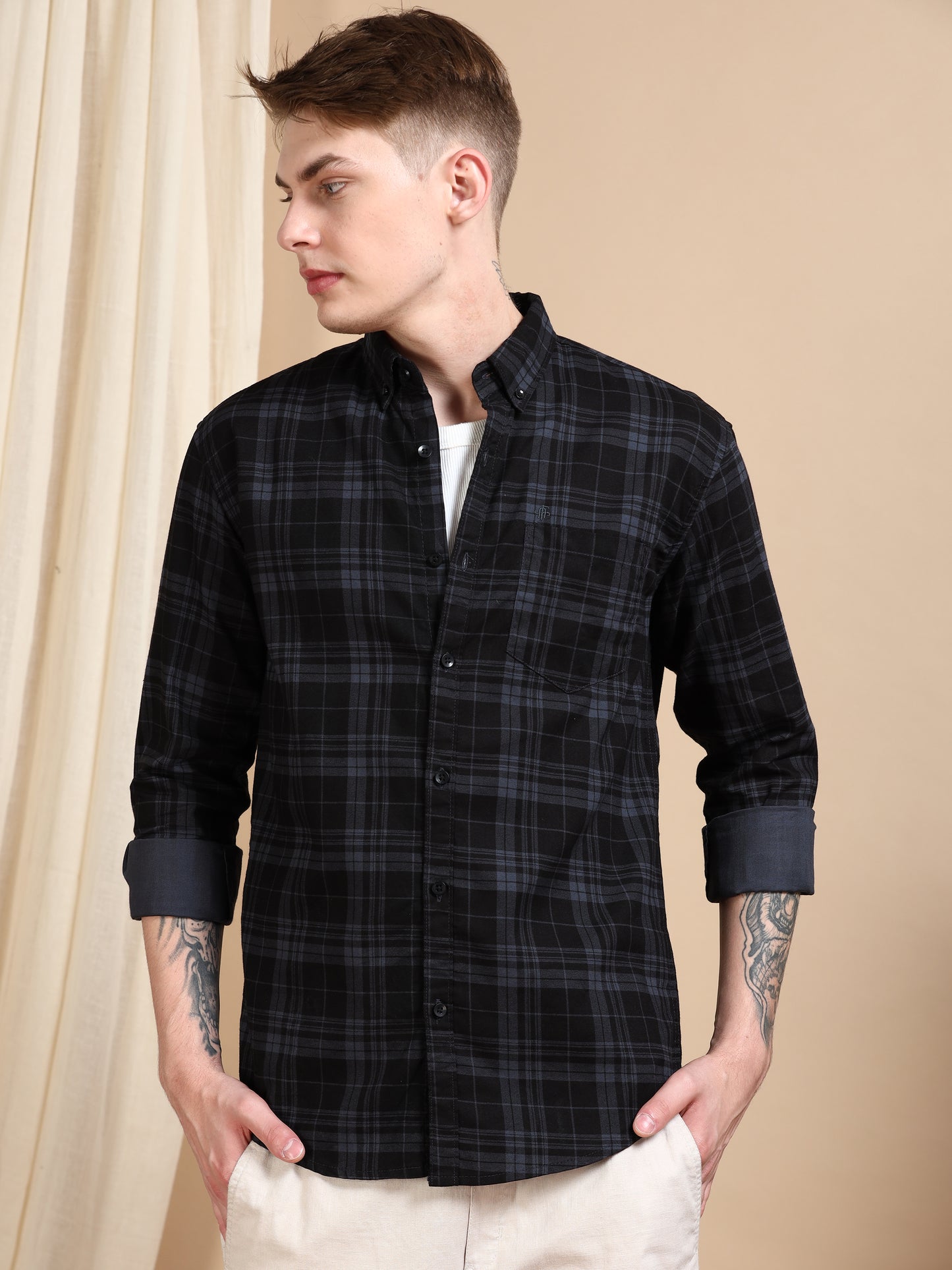 Casual ash Grey Check Pattern Shirt Men