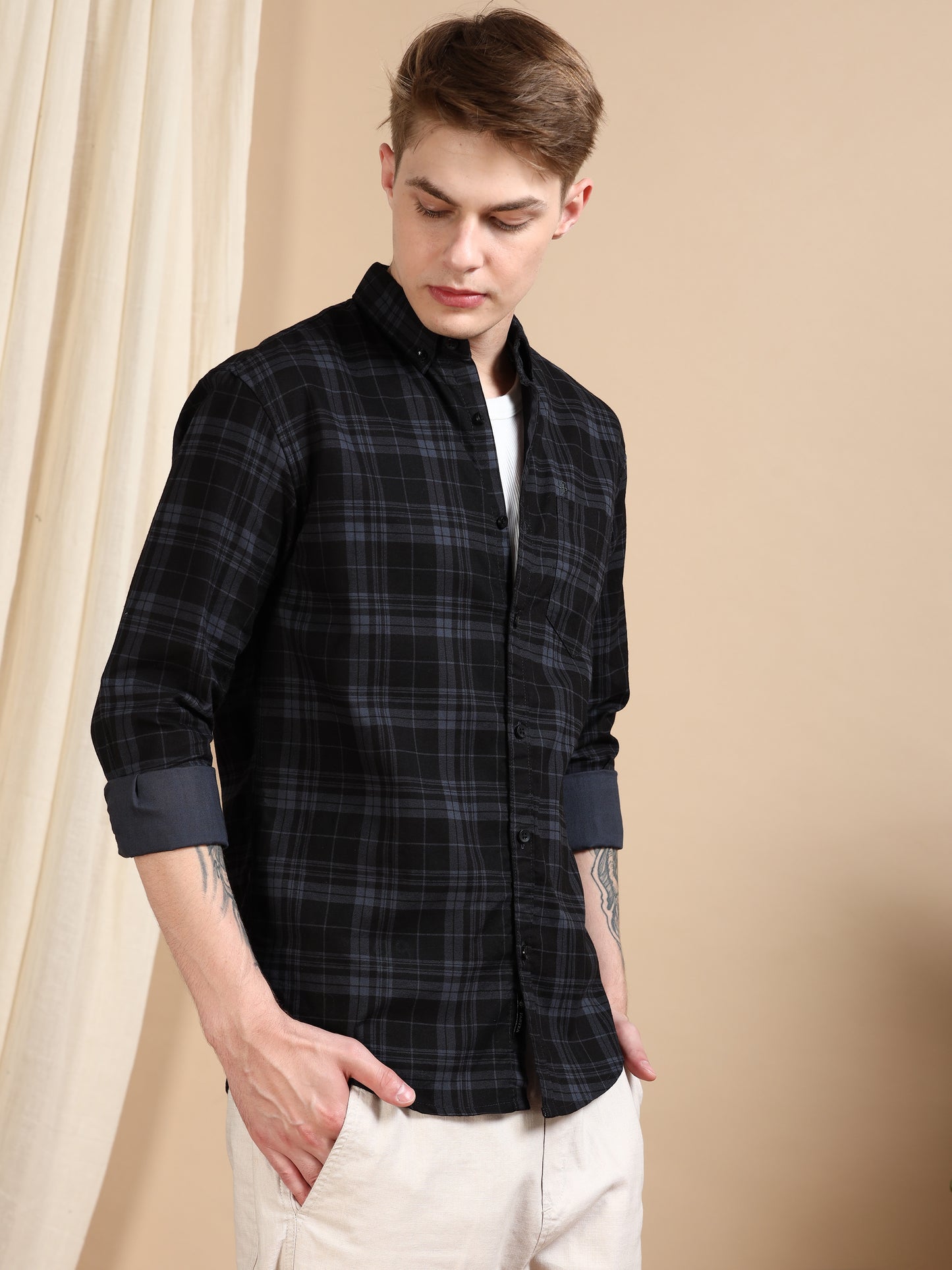 Casual Dark Grey Check Pattern Shirt Men