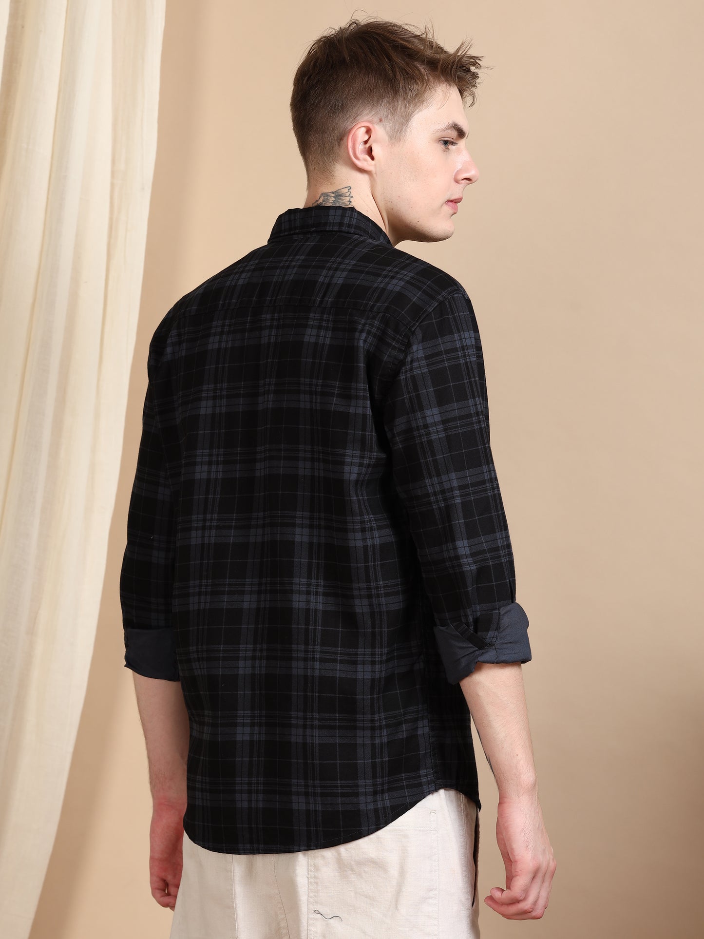 Casual Dark Grey Check Pattern Shirt Men