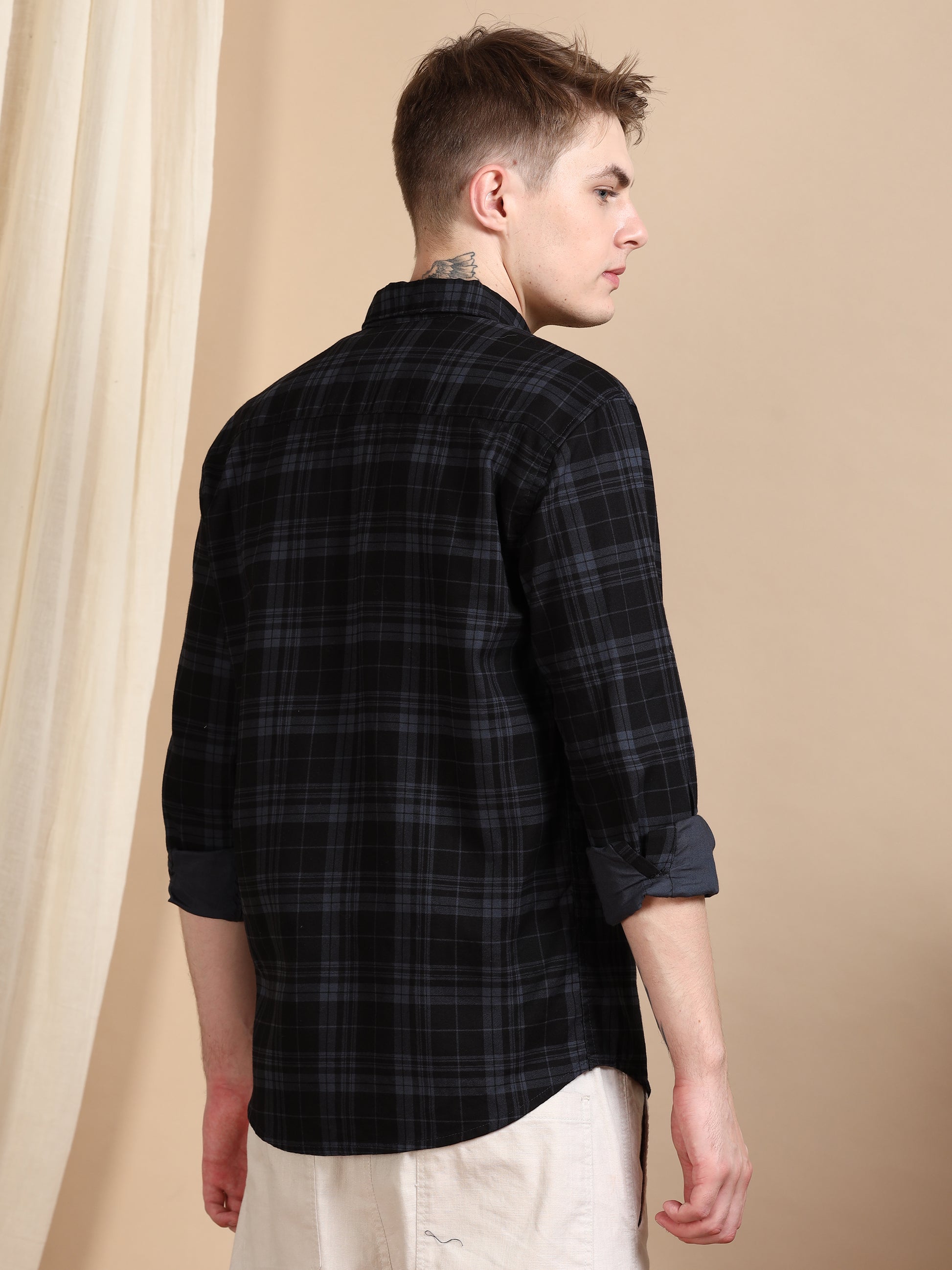 Casual Dark Grey Check Pattern Shirt Men