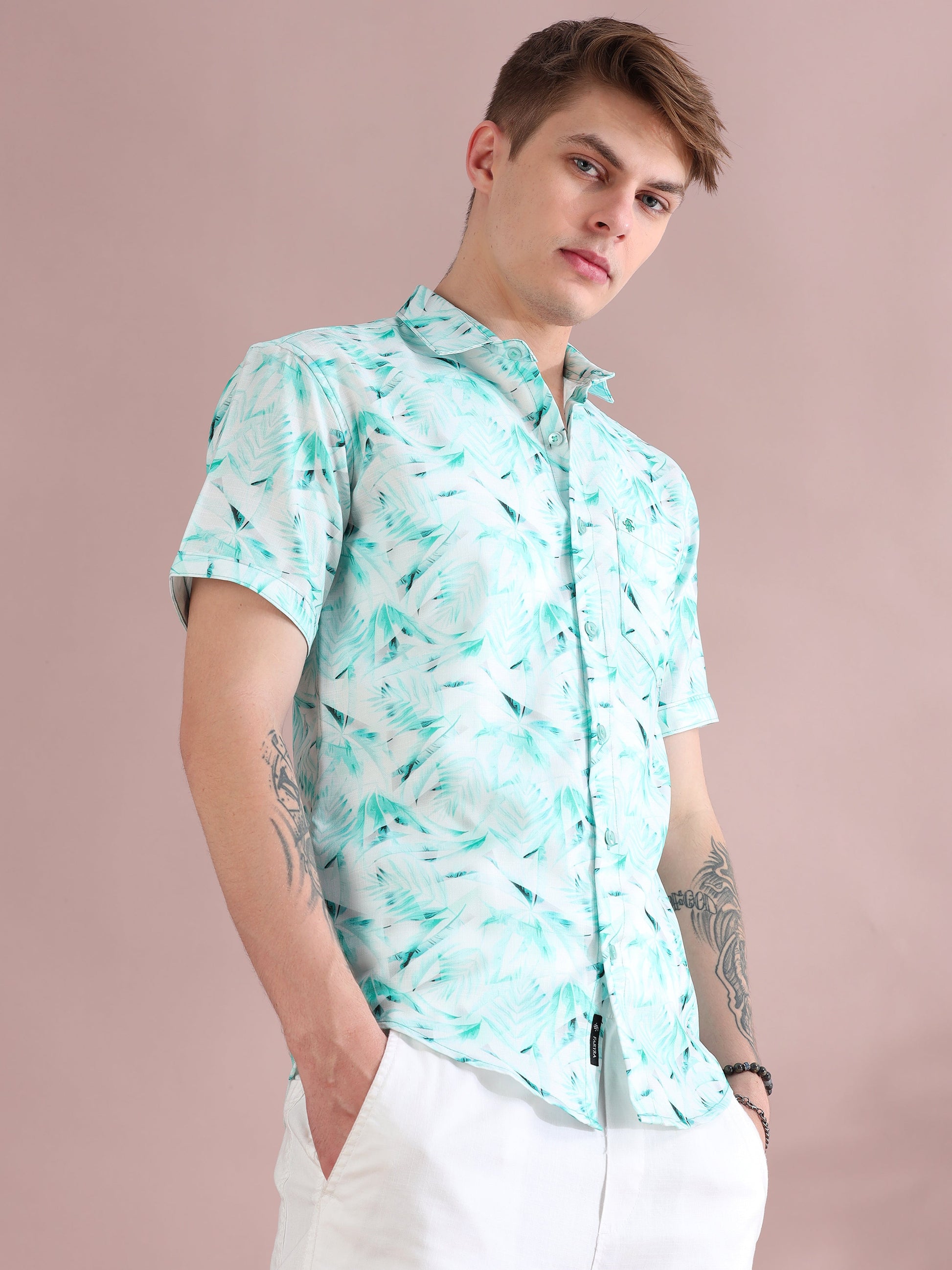 Palm Printed Linen Aqua Shirt for Men