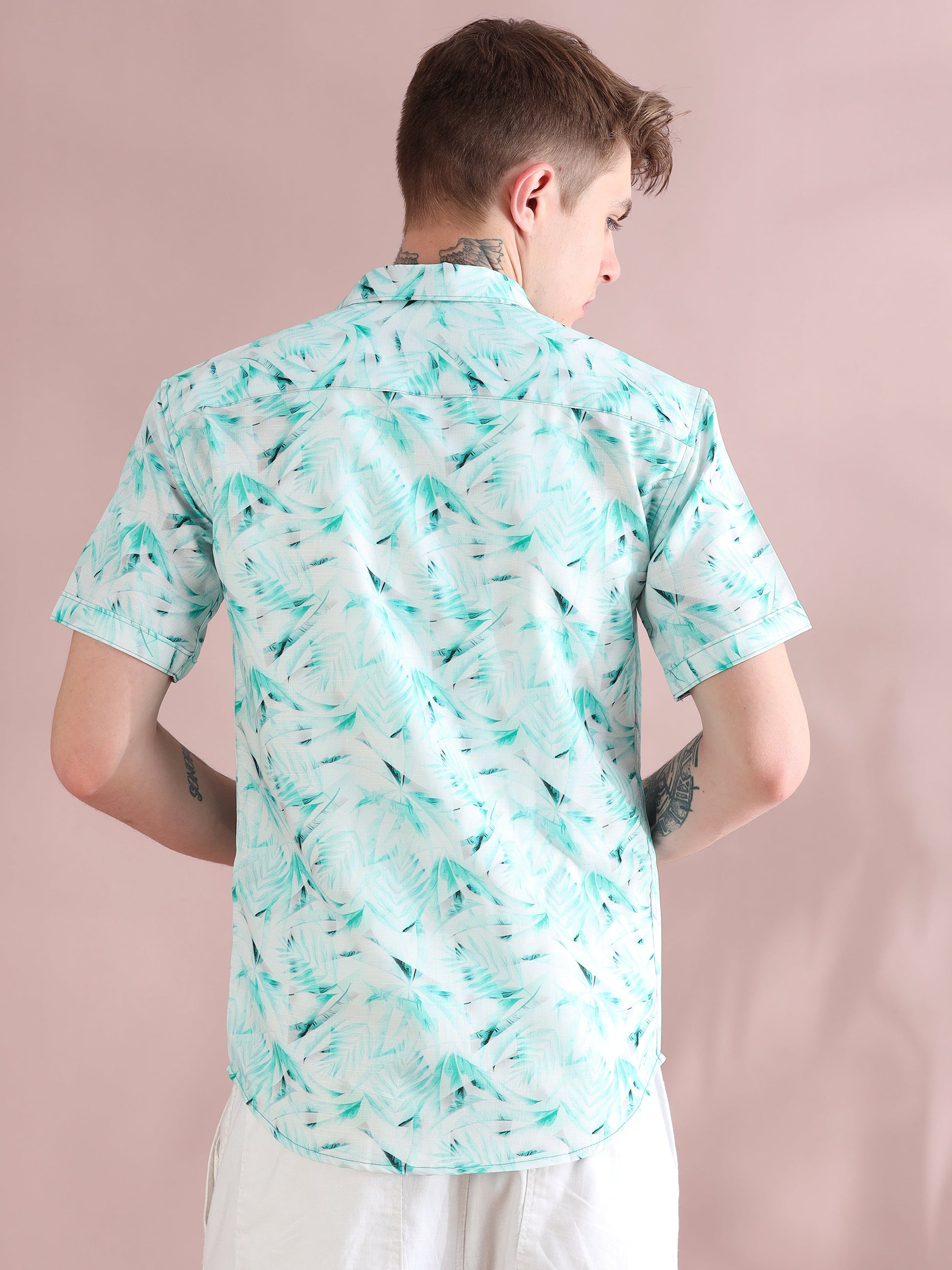 Palm Printed Linen Aqua Shirt for Men