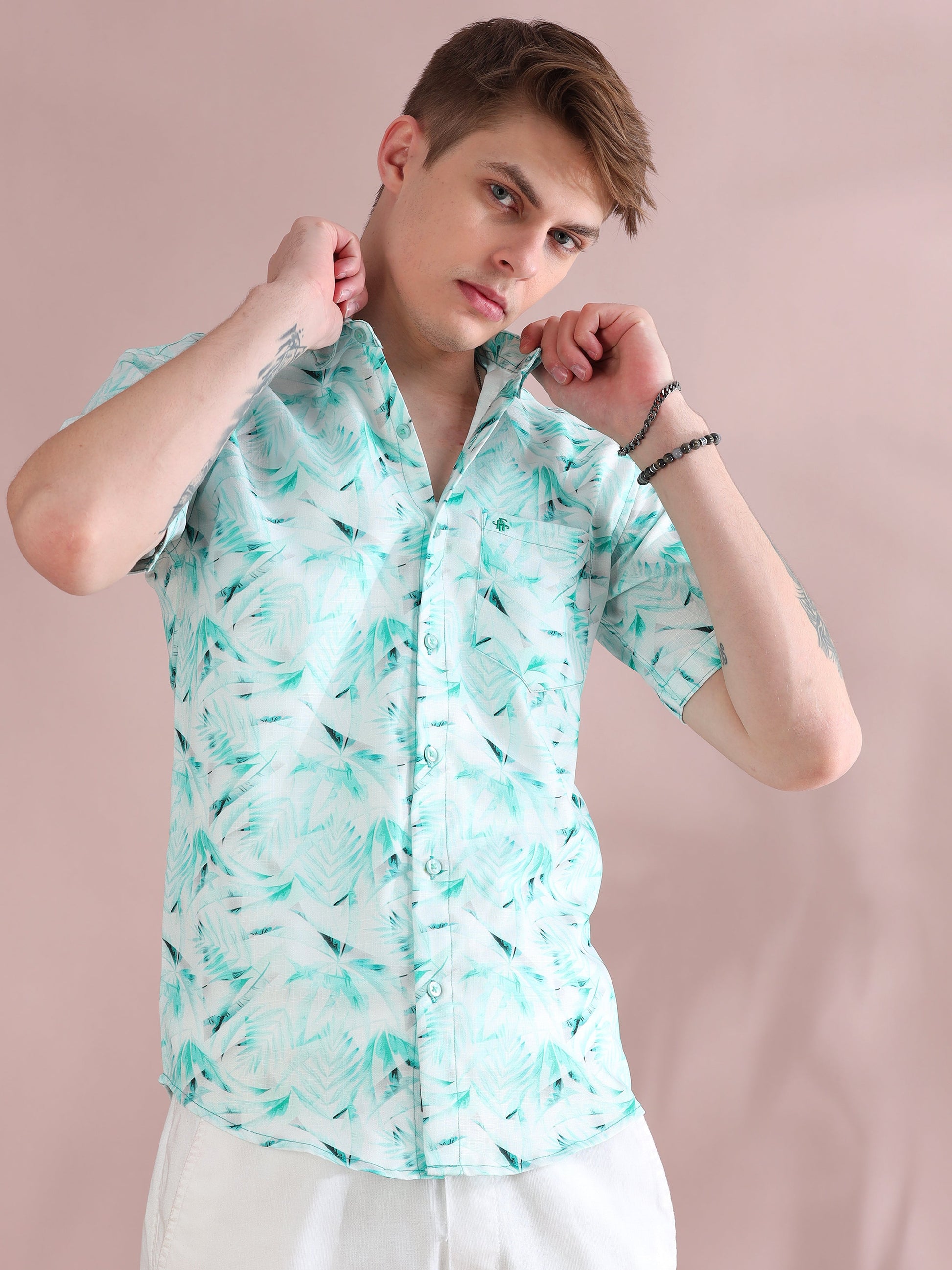 Palm Printed Linen Aqua Shirt for Men