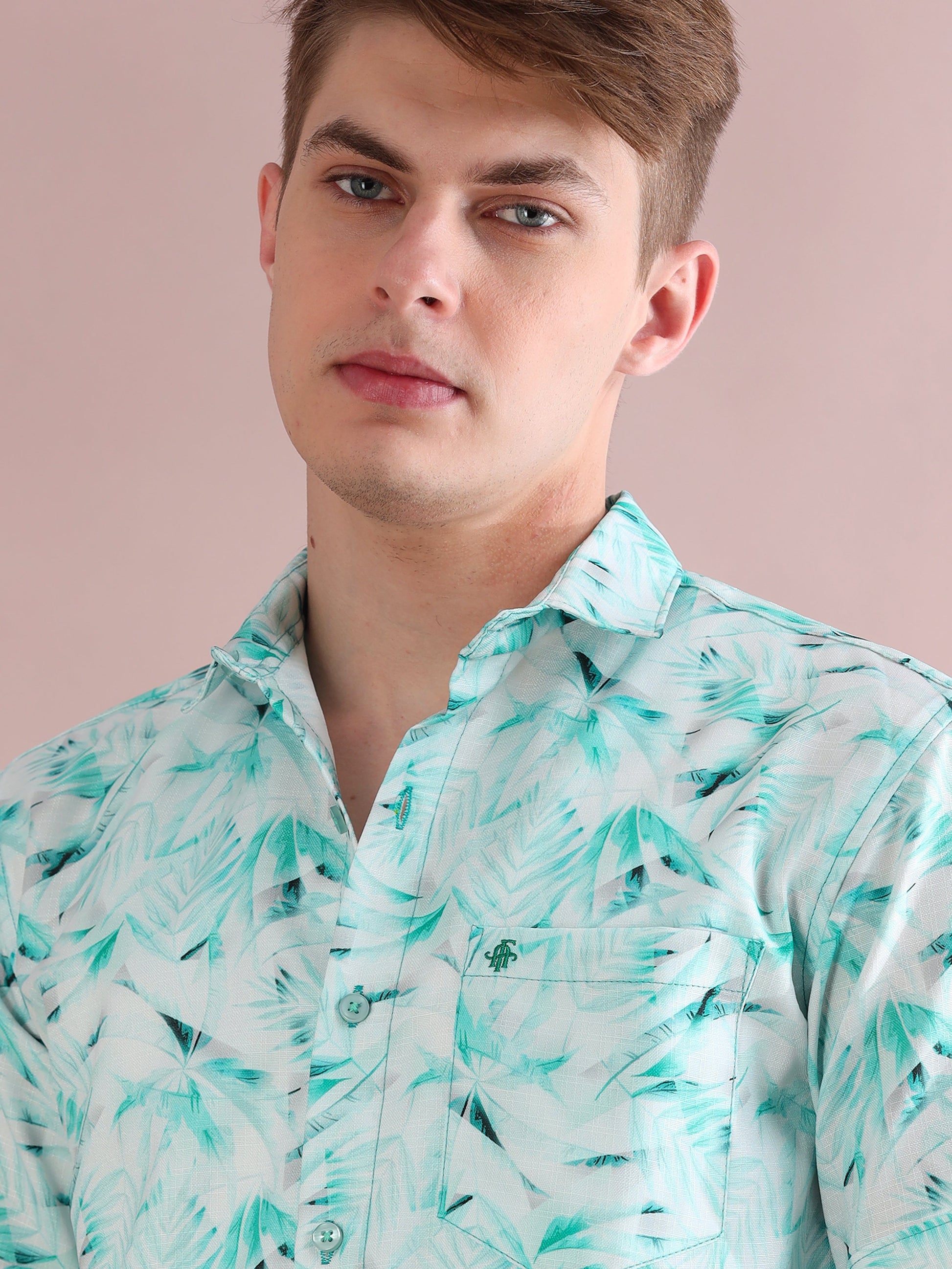 Palm Printed Linen Aqua Shirt for Men
