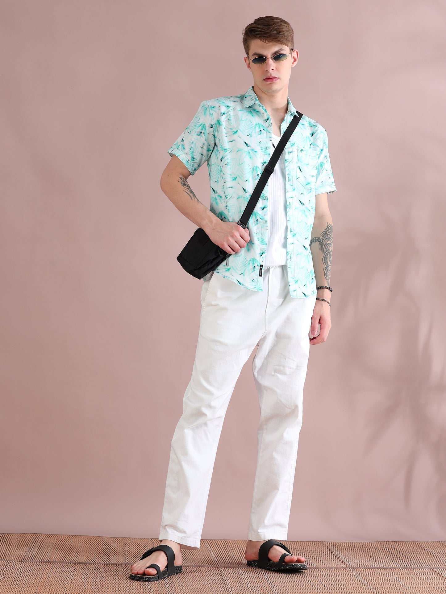 Palm Printed Linen Aqua Shirt for Men