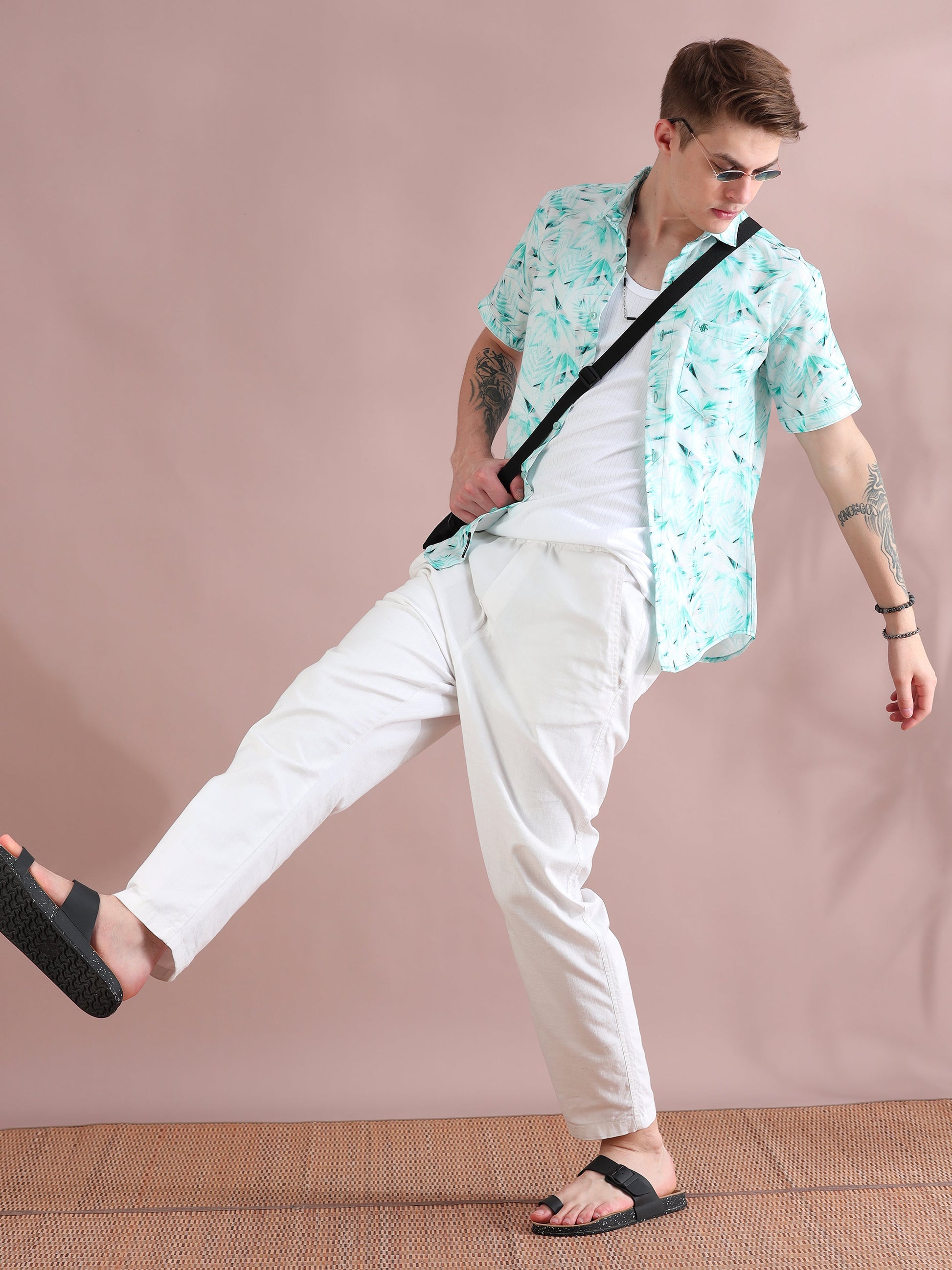 Palm Printed Linen Aqua Shirt for Men