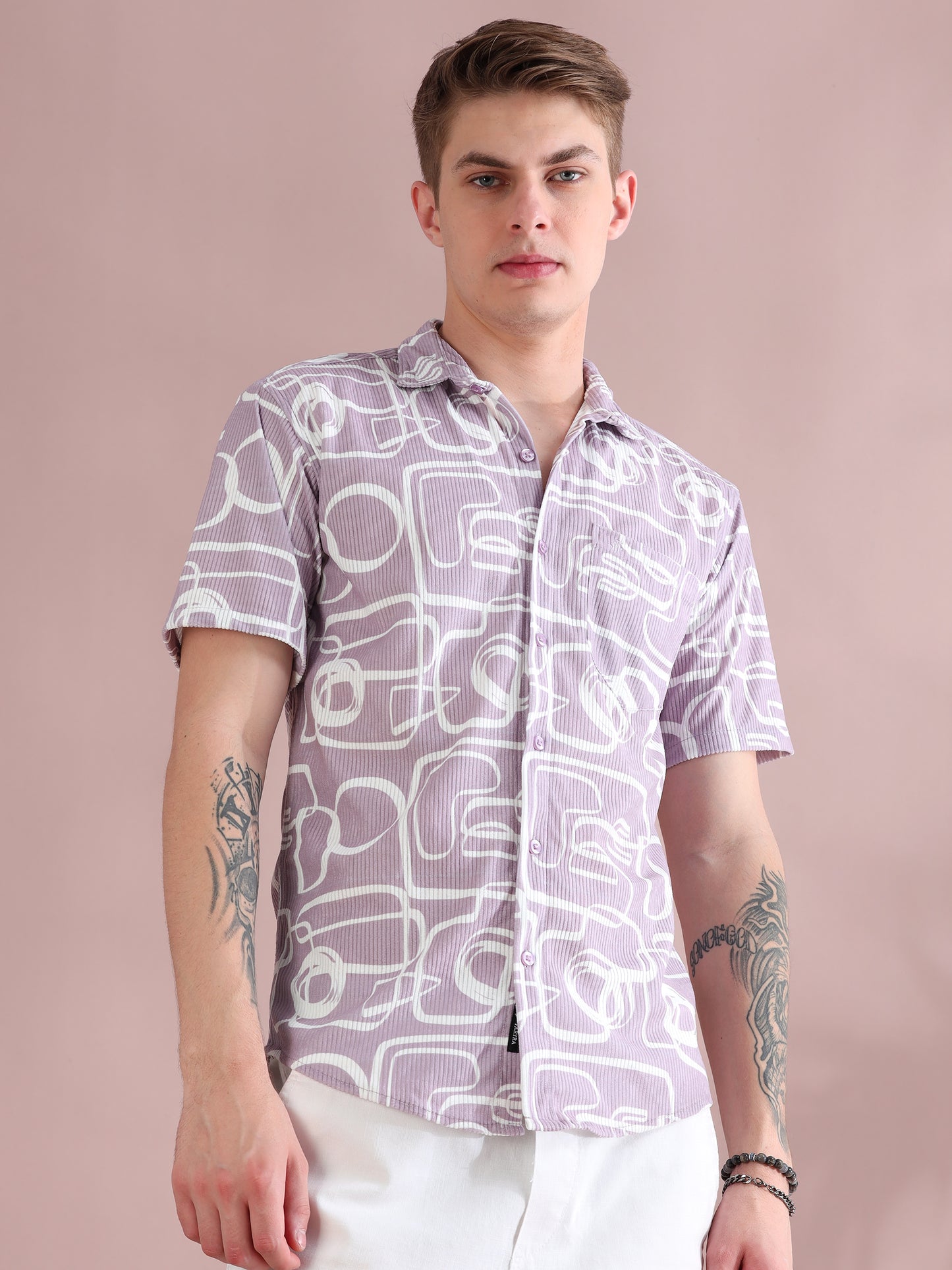 Half Sleeves Courduroy Purple Printed Shirt Men