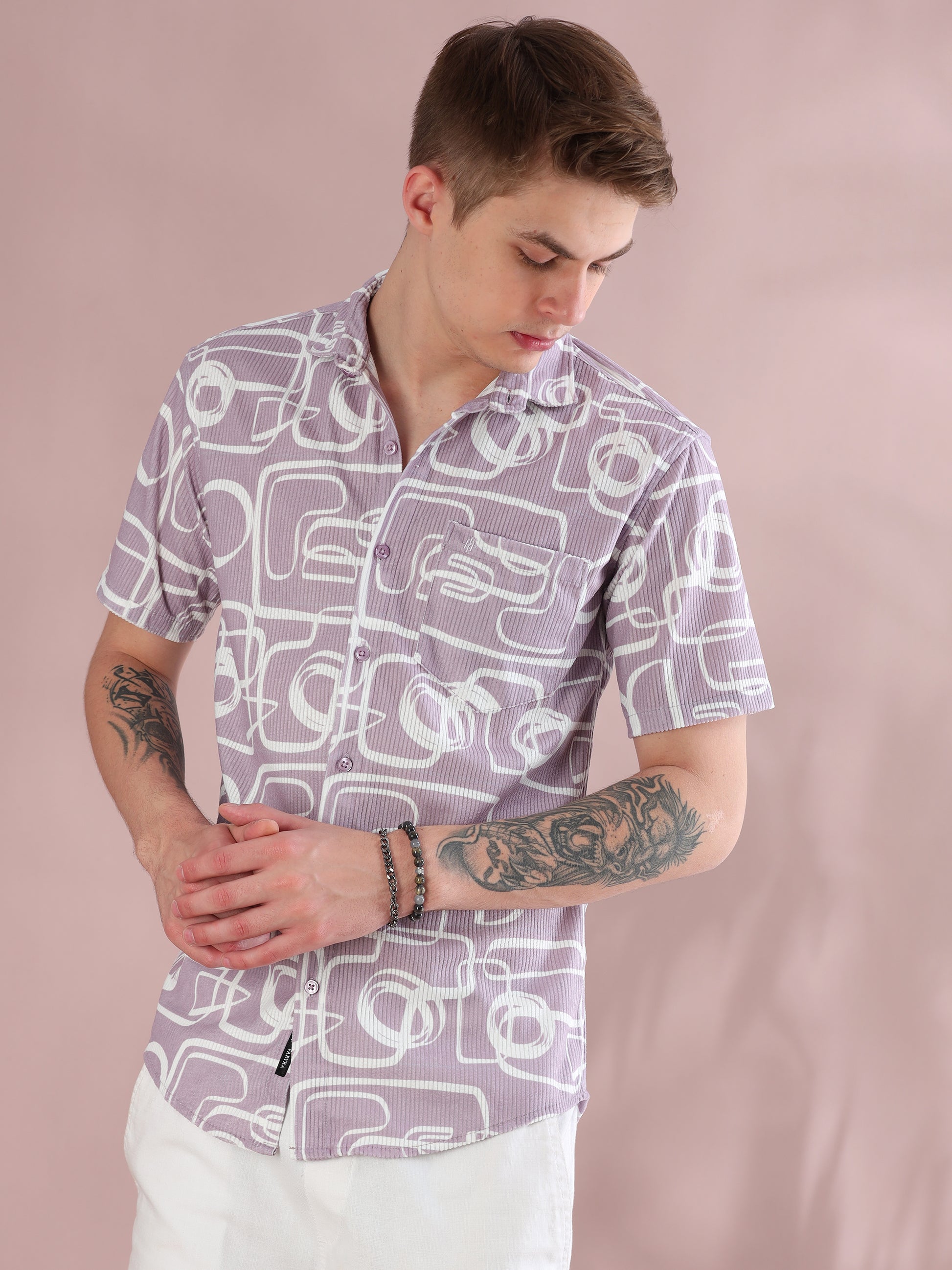 Half Sleeves Courduroy Purple Printed Shirt Men