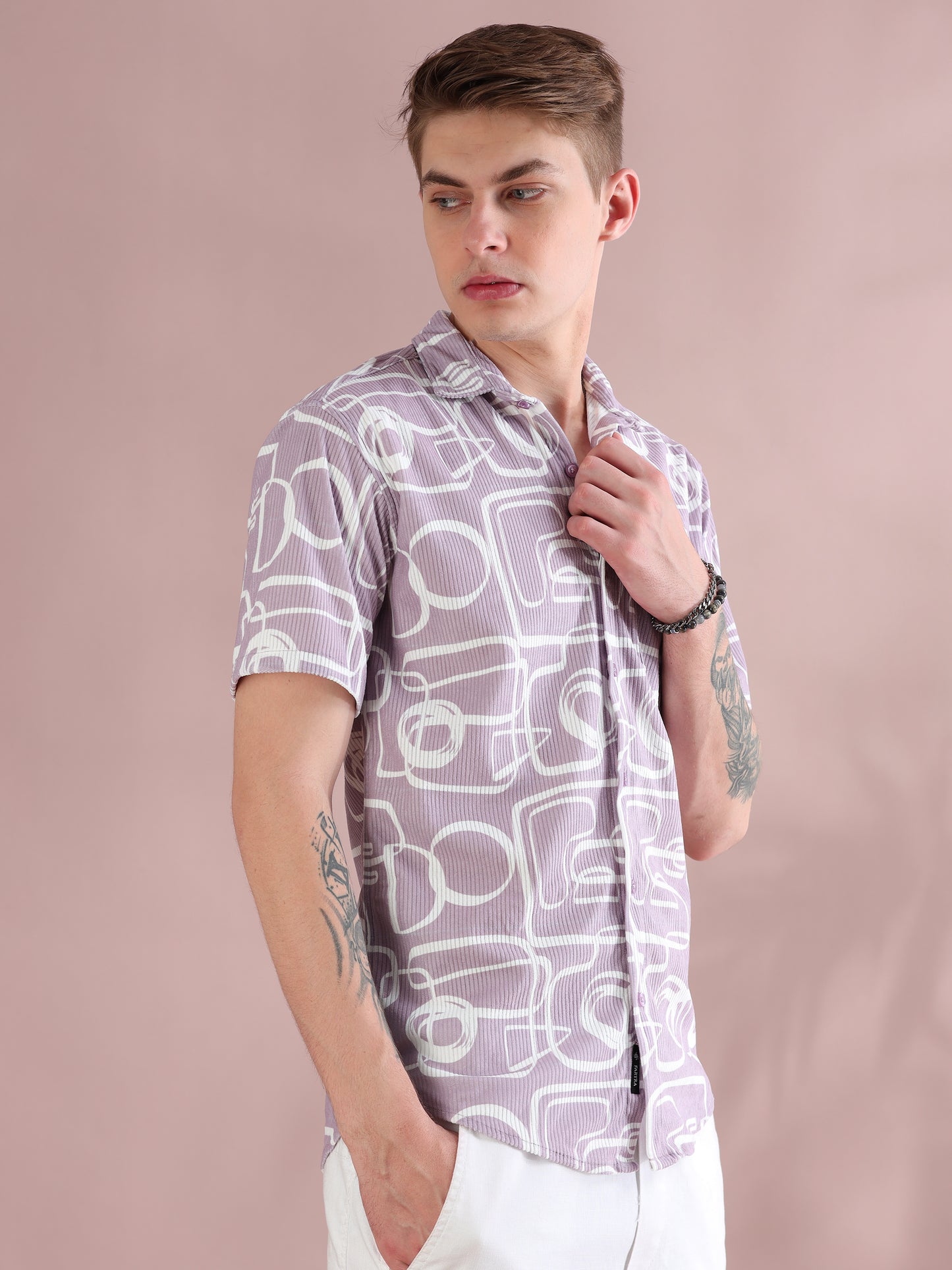 Half Sleeves Courduroy Purple Printed Shirt Men