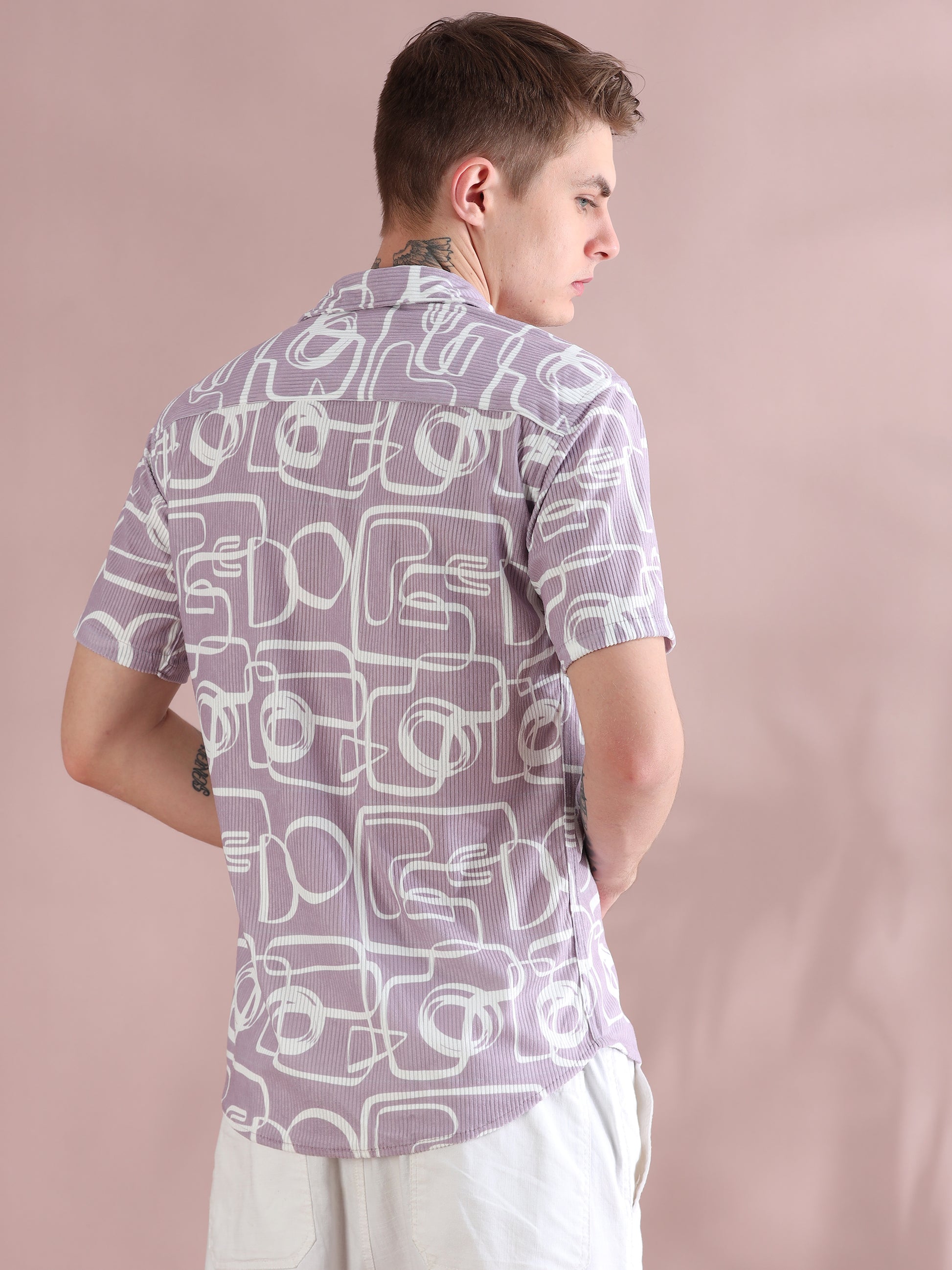 Half Sleeves Courduroy Purple Printed Shirt Men