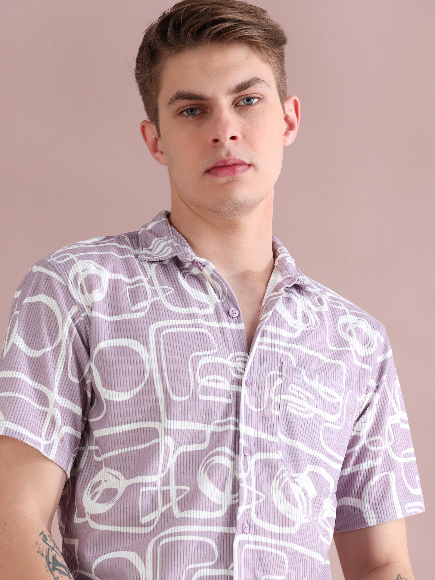 Half Sleeves Courduroy Purple Printed Shirt Men