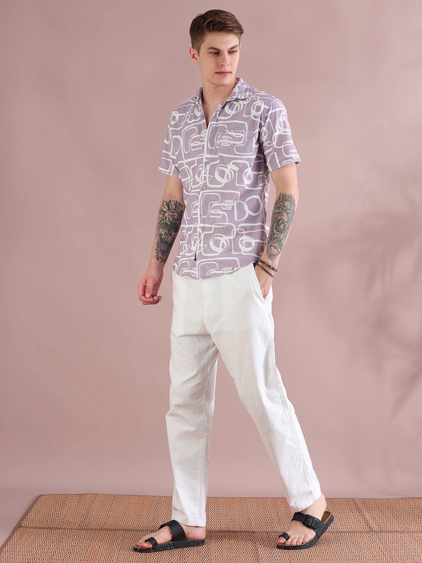 Half Sleeves Courduroy Purple Printed Shirt Men