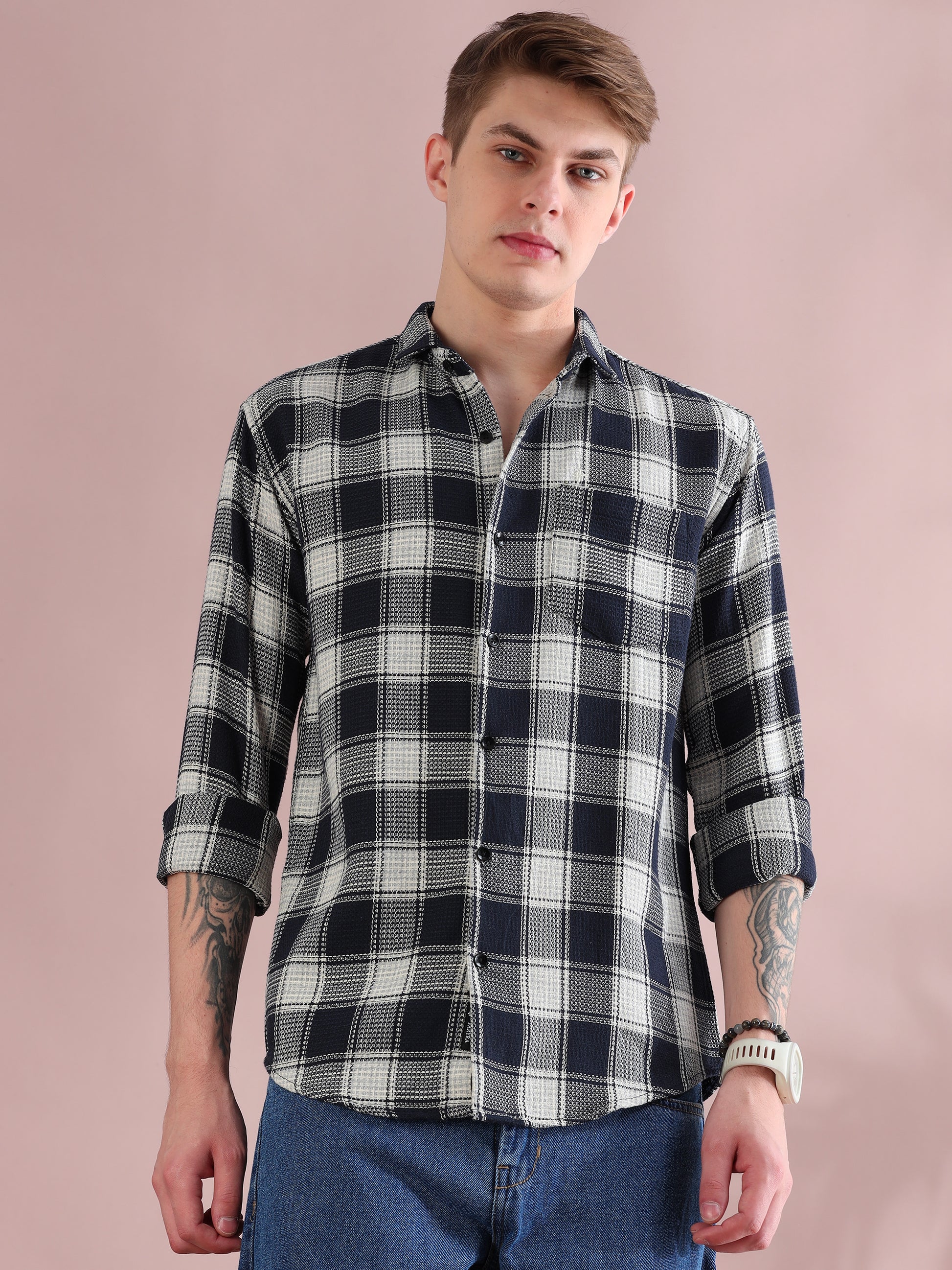 Full Sleeves Navy Mocklin Check Shirt For Men