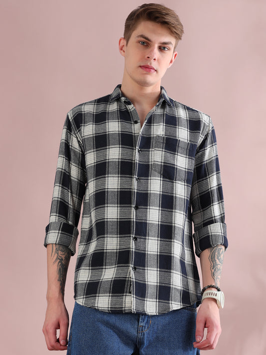 Full Sleeves Navy Mocklin Check Shirt For Men
