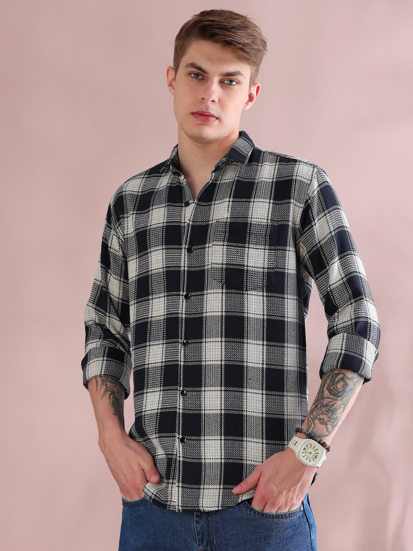 Full Sleeves Navy Mocklin Check Shirt For Men