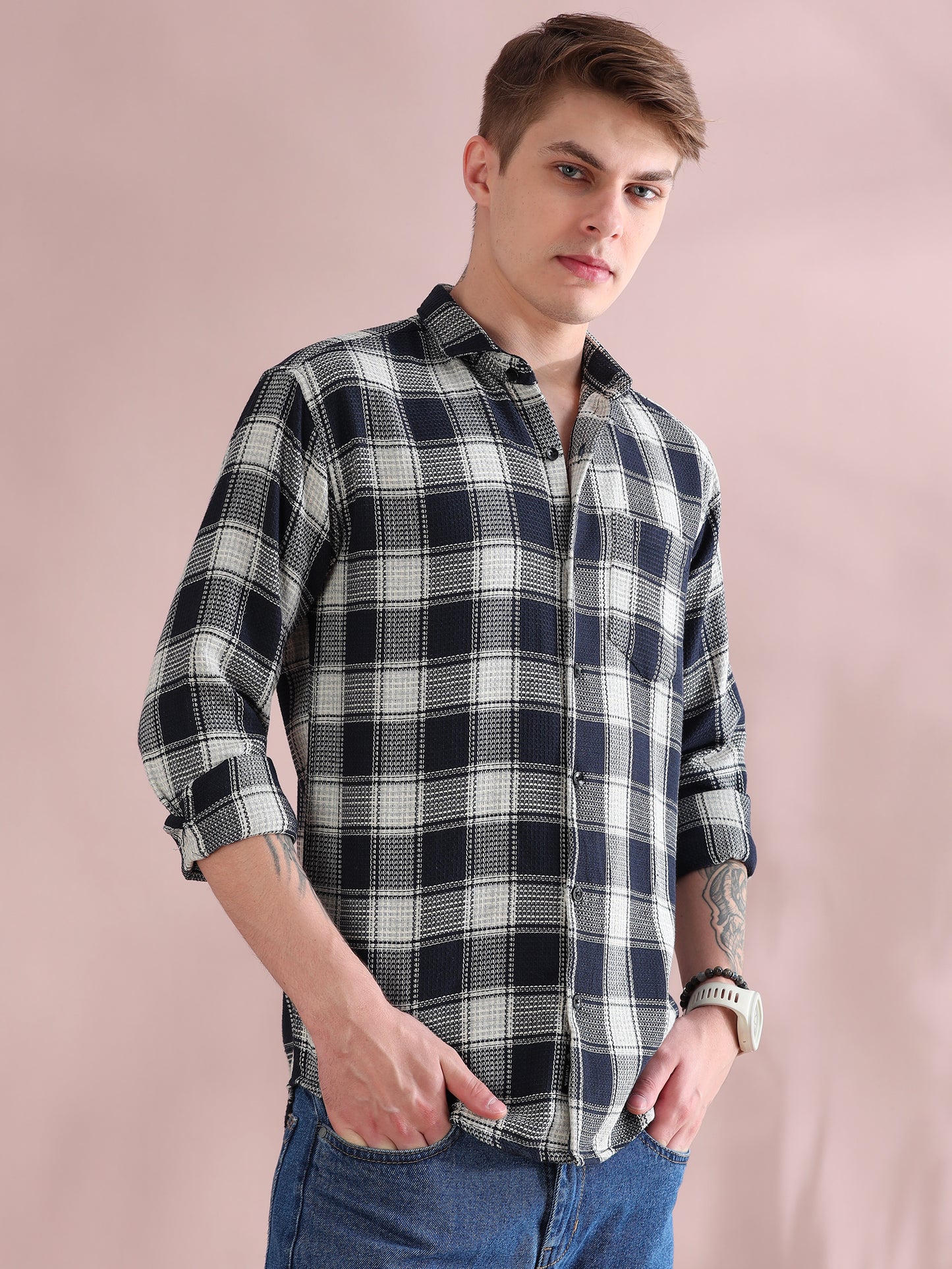Full Sleeves Navy Mocklin Check Shirt For Men