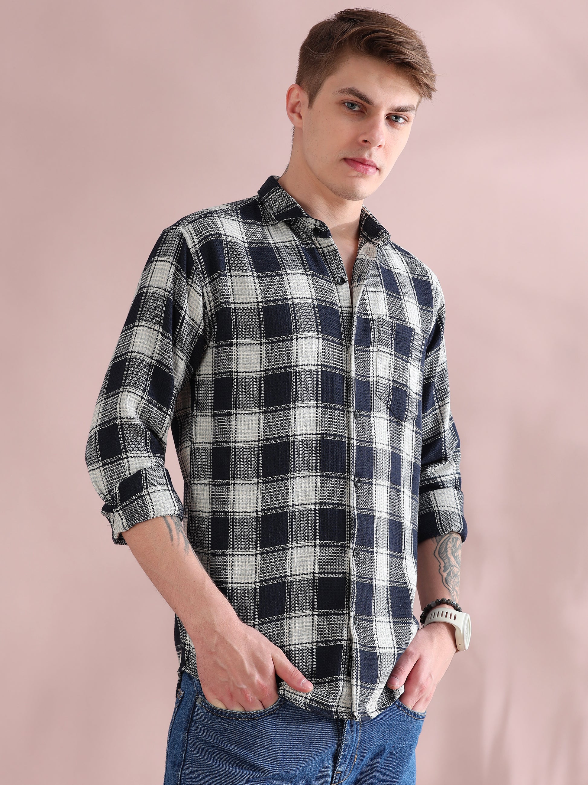 Full Sleeves Navy Mocklin Check Shirt For Men
