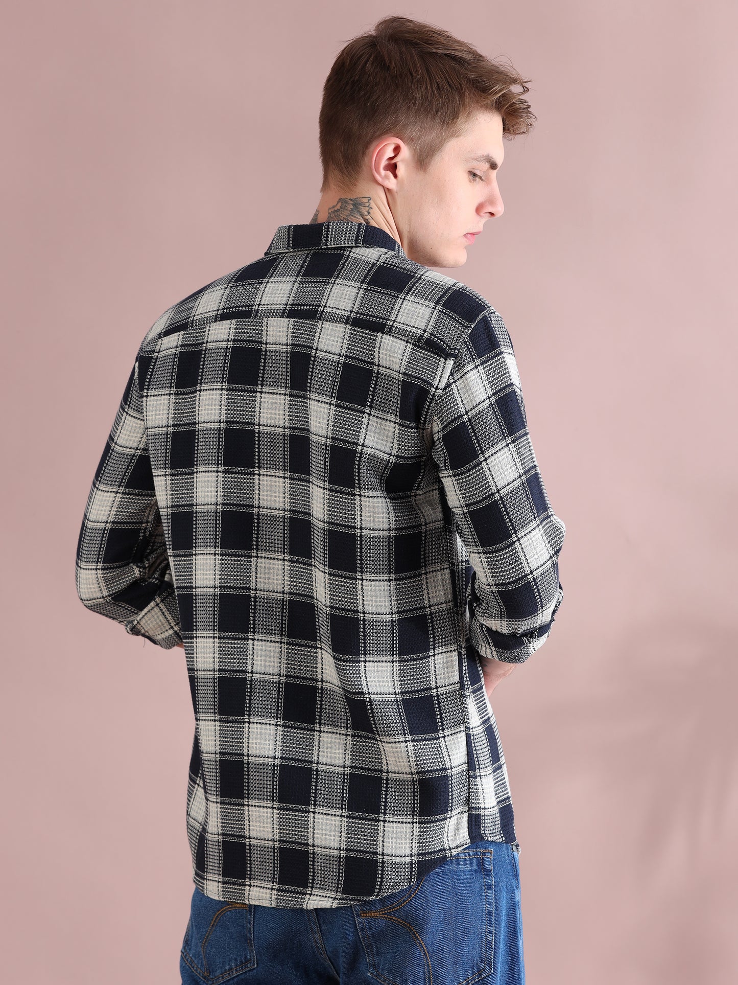 Full Sleeves Navy Mocklin Check Shirt For Men