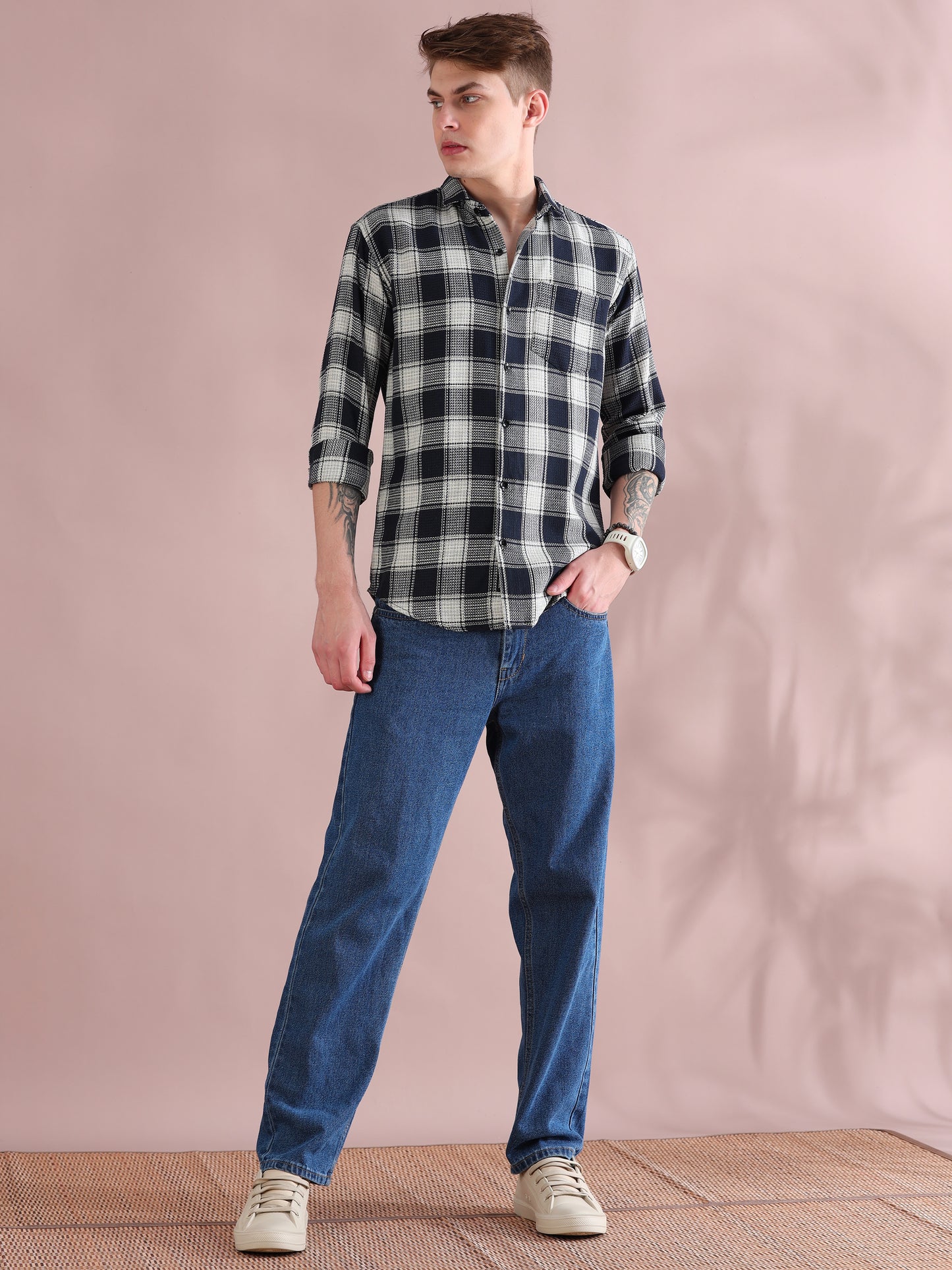 Full Sleeves Navy Mocklin Check Shirt For Men