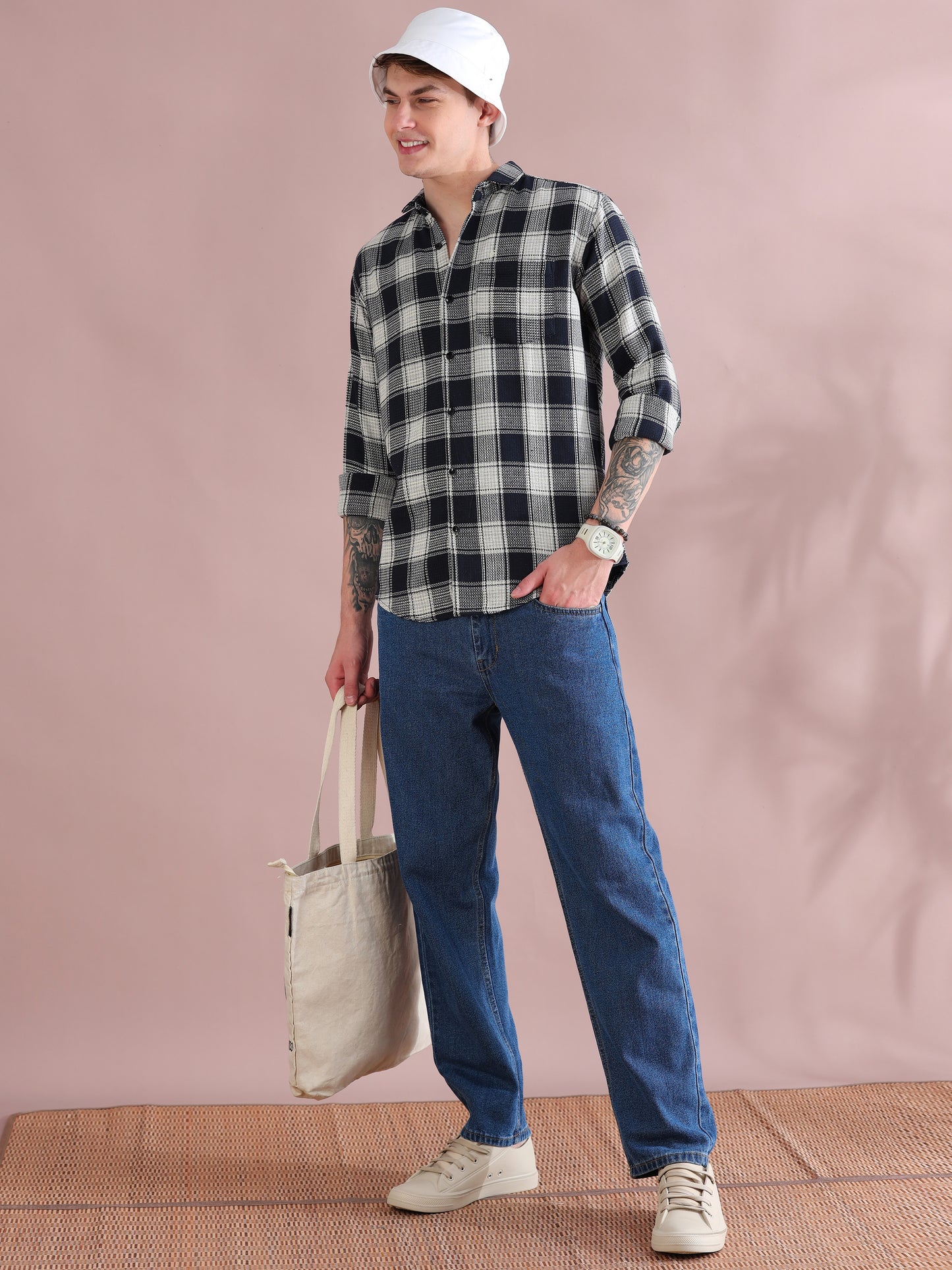 Full Sleeves Navy Mocklin Check Shirt For Men