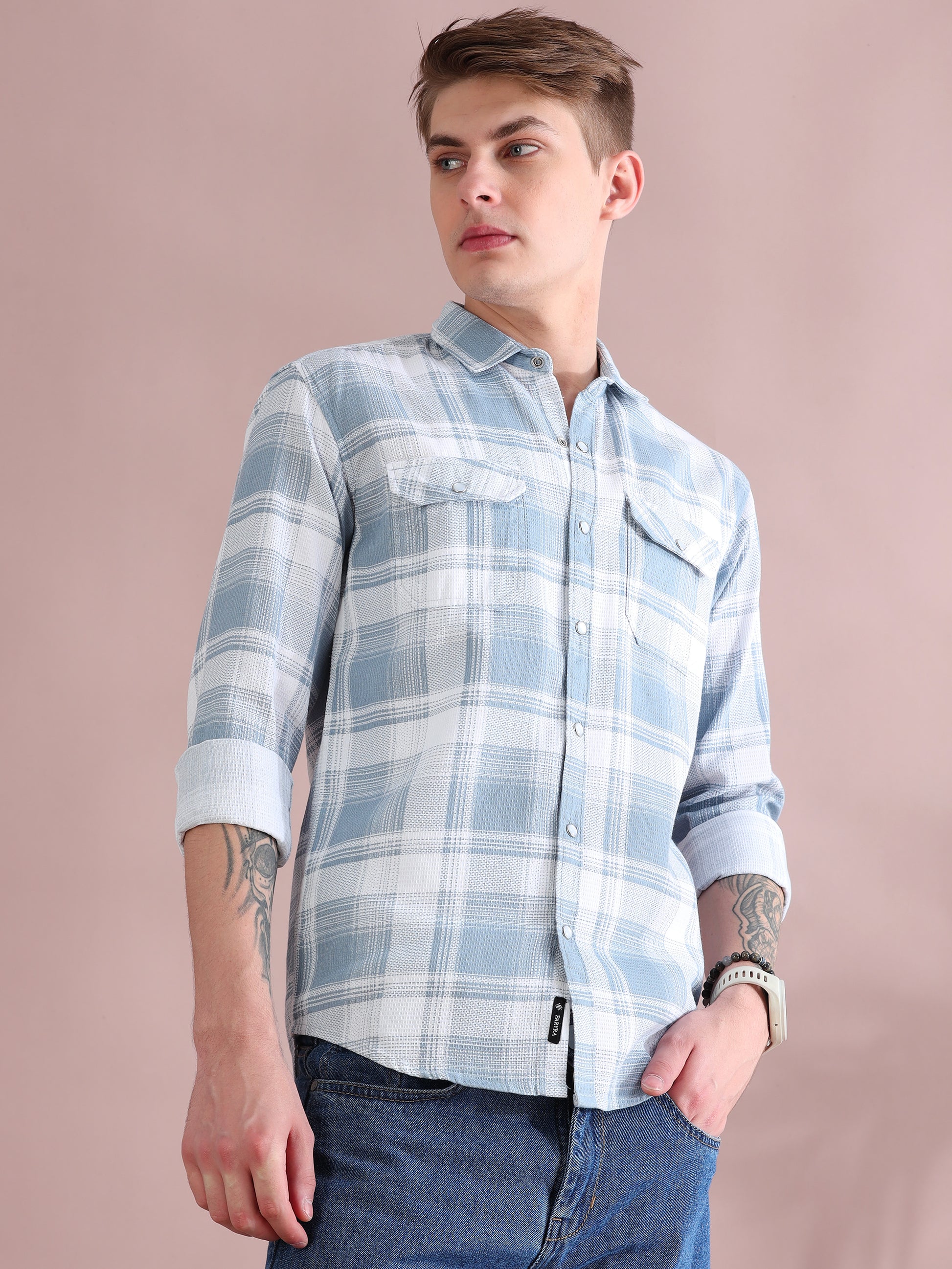 Grey Mocklin Full Sleeve Check Shirt Men