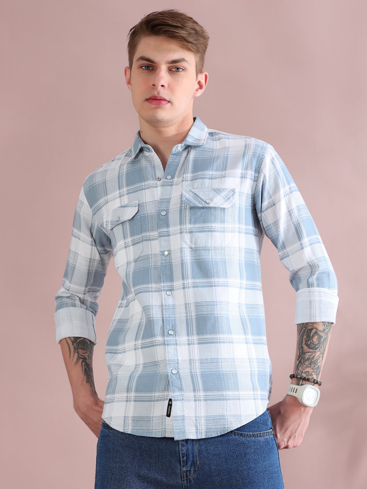 Grey Mocklin Full Sleeve Check Shirt Men