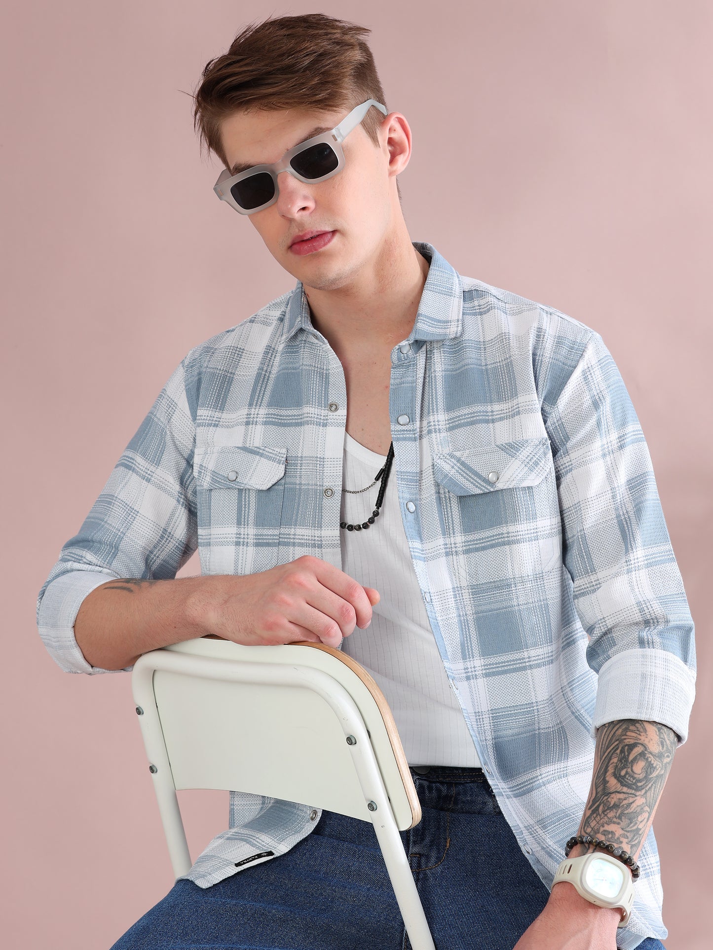 Grey Mocklin Full Sleeve Check Shirt Men