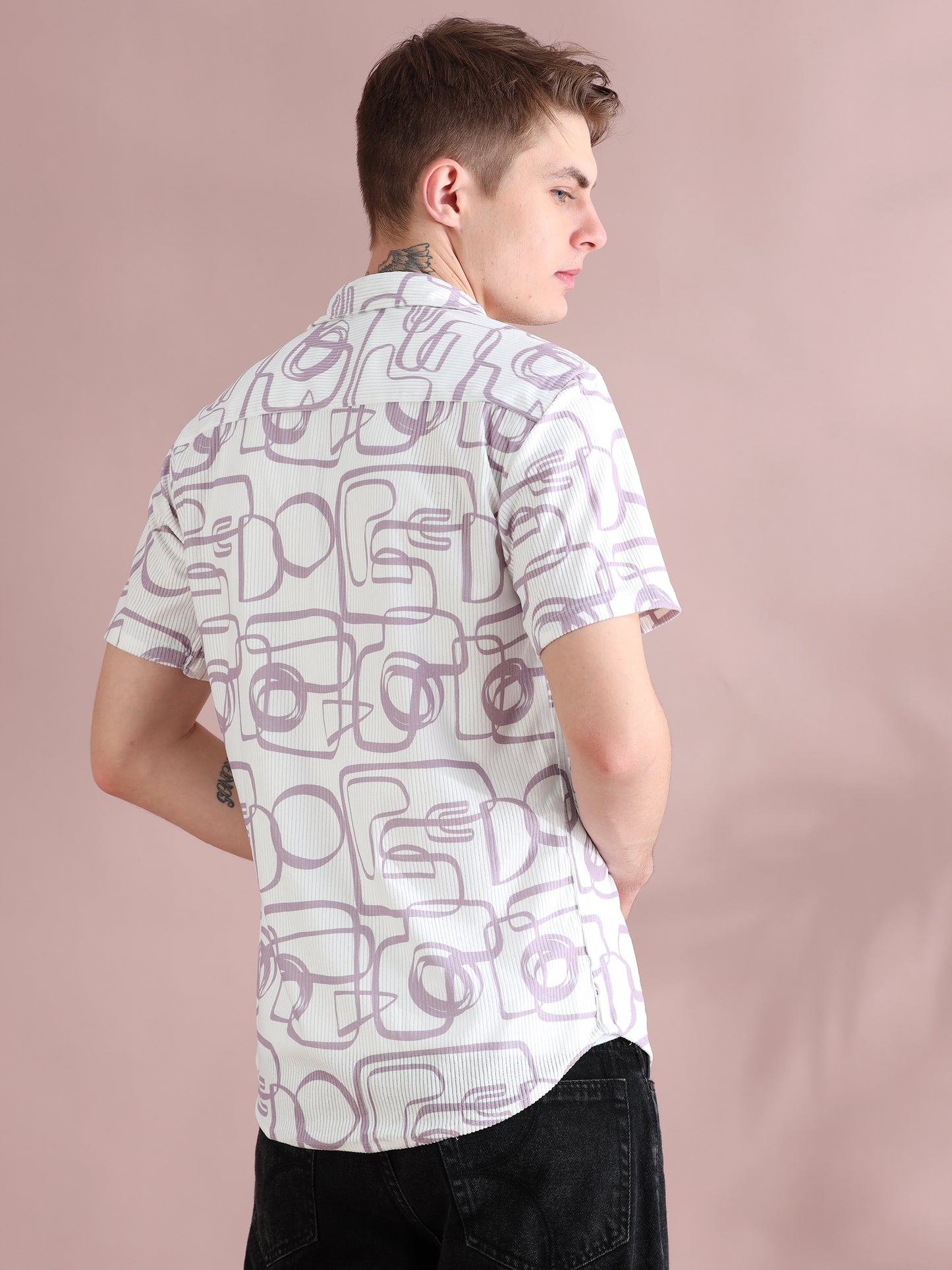 Half Sleeves Courduroy White Printed Shirt Mens