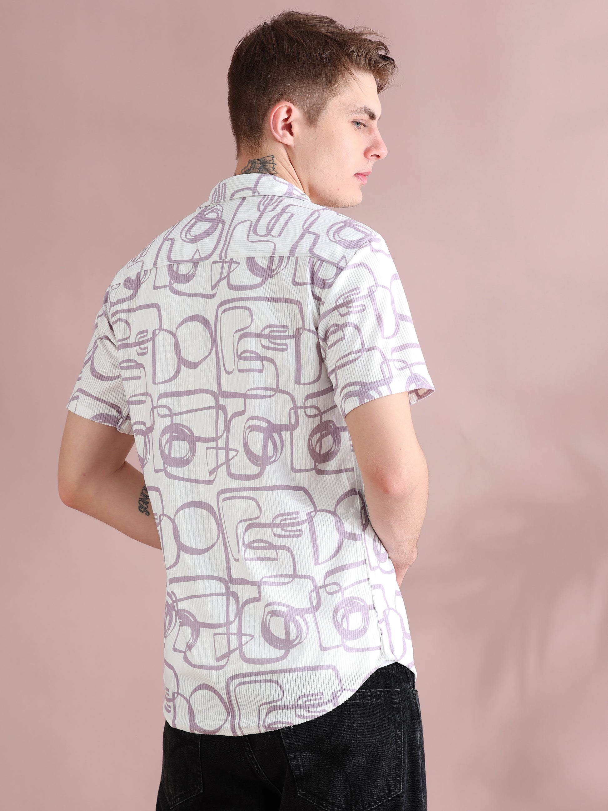 Half Sleeves Courduroy White Printed Shirt Mens