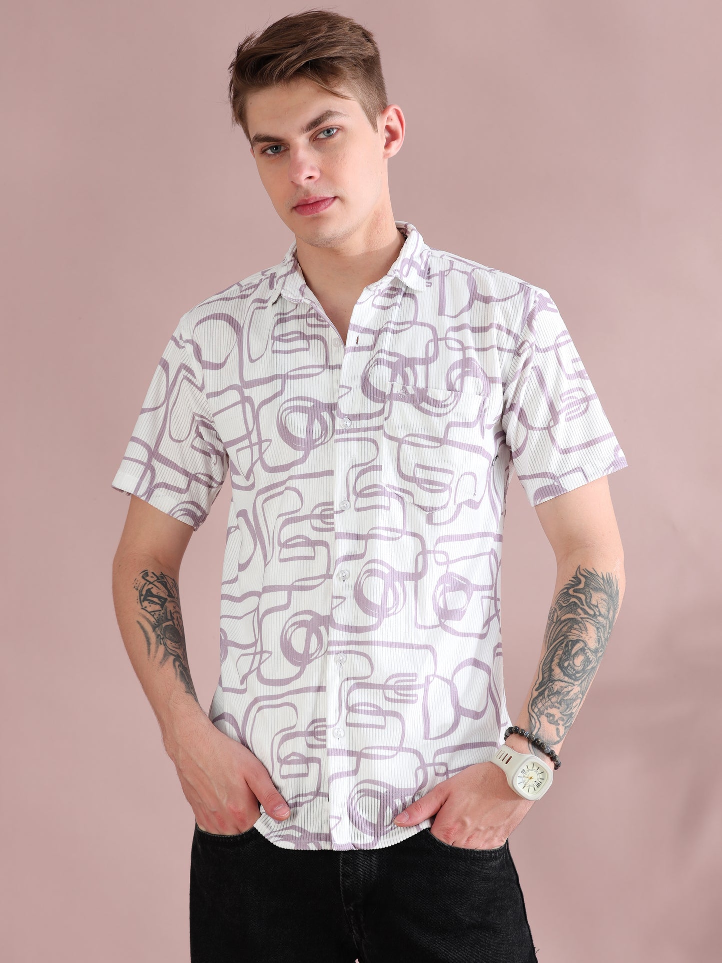 Half Sleeves Courduroy White Printed Shirt Mens