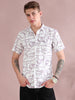 Half Sleeves White Courduroy Printed Shirt For Men