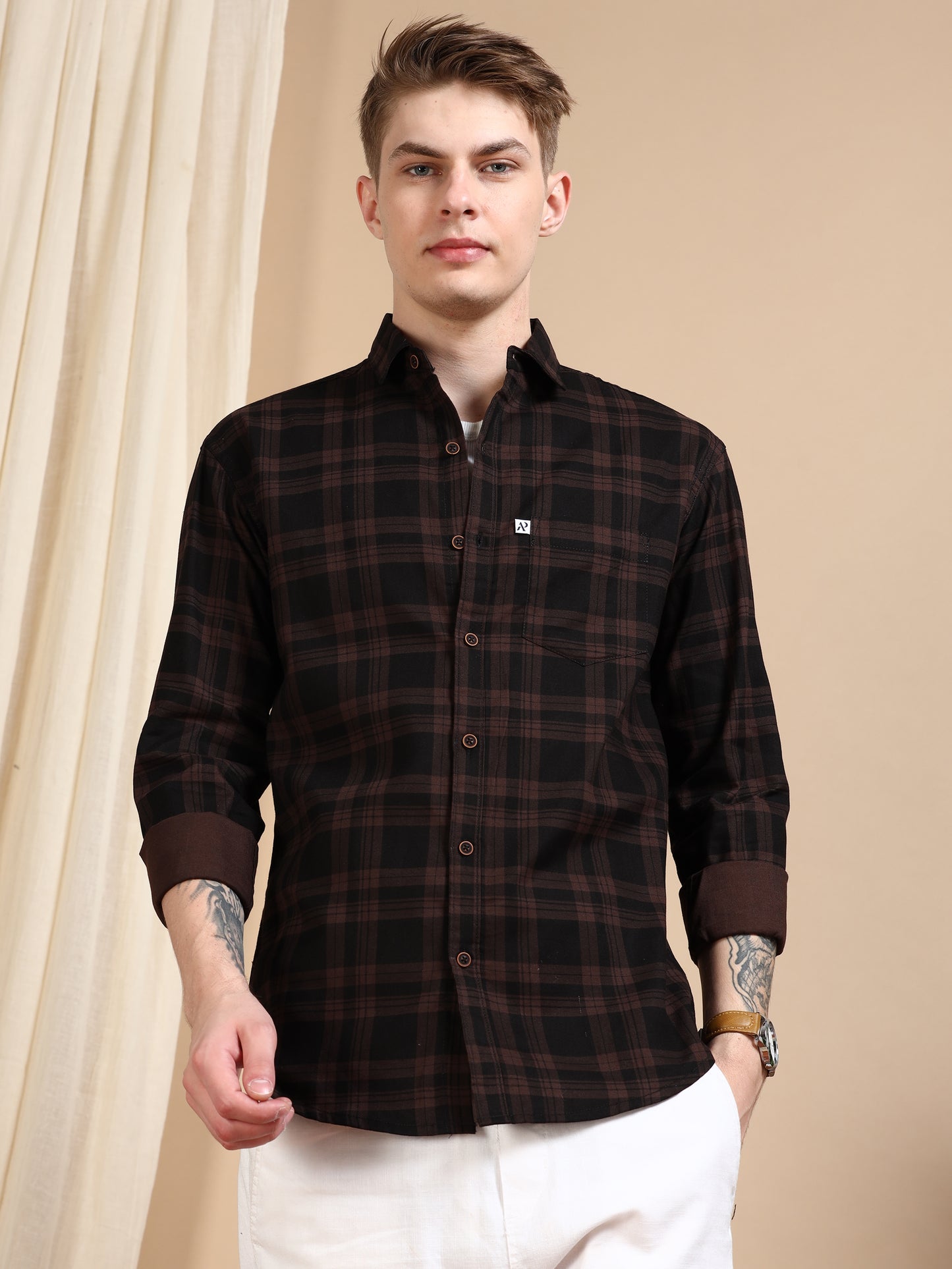 Brown Cotton Blend Trendy Formal Check Shirt For Men