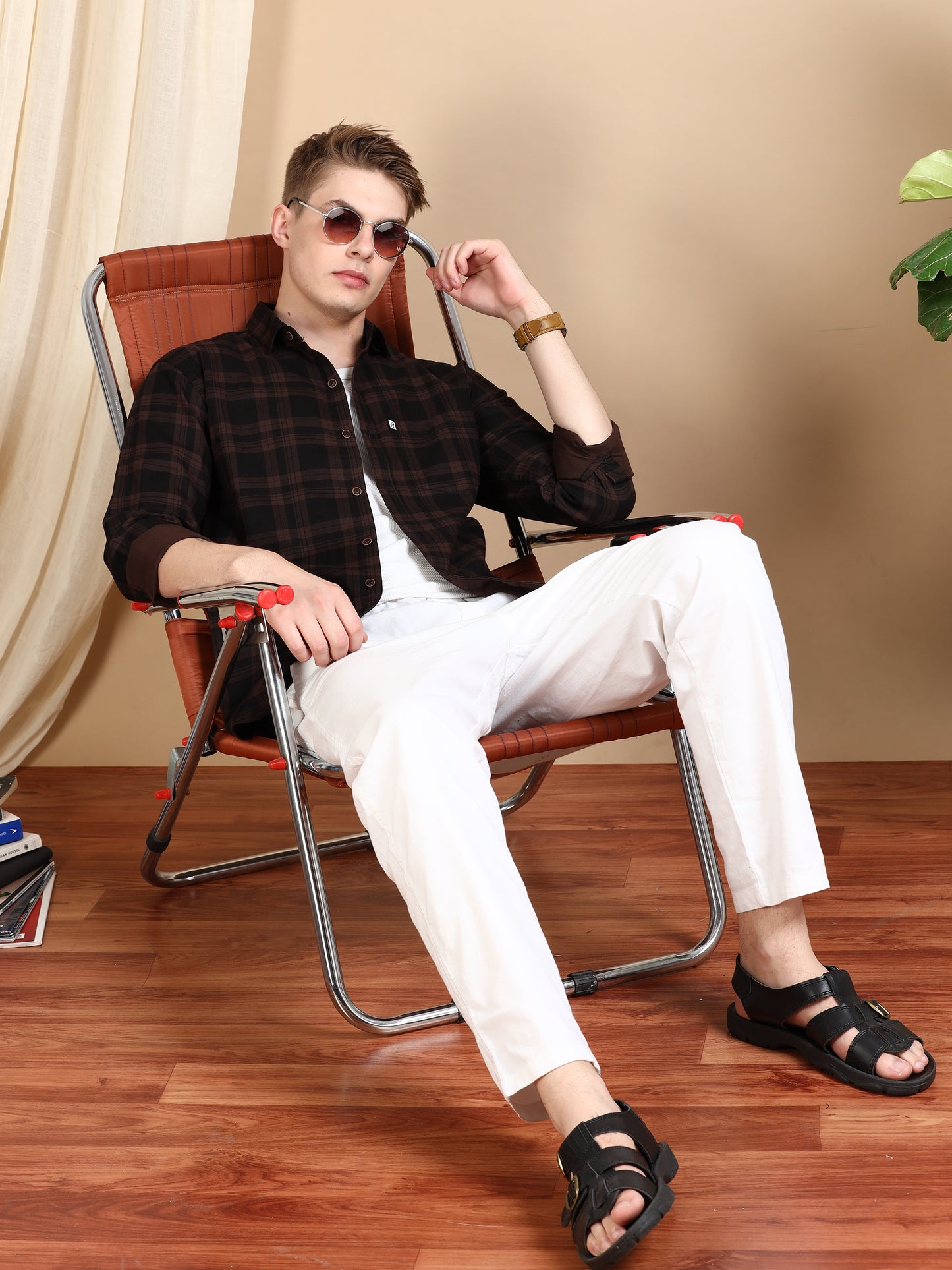 Brown Cotton Blend Trendy Formal Check Shirt For Men